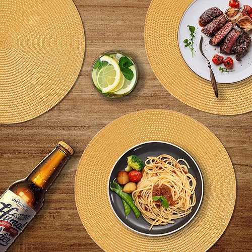 Miniatura 5 de FunWheat Juego de 6 manteles individuales redondos trenzados para mesas de comedor, tejidos, lavables, antideslizantes, 15 pulgadas (amarillo