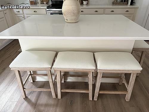 Miniatura 3 de Juego de 4 taburetes de bar de madera maciza blanca para encimera de cocina, taburetes de bar costeros con taburetes tapizados de piel sintética