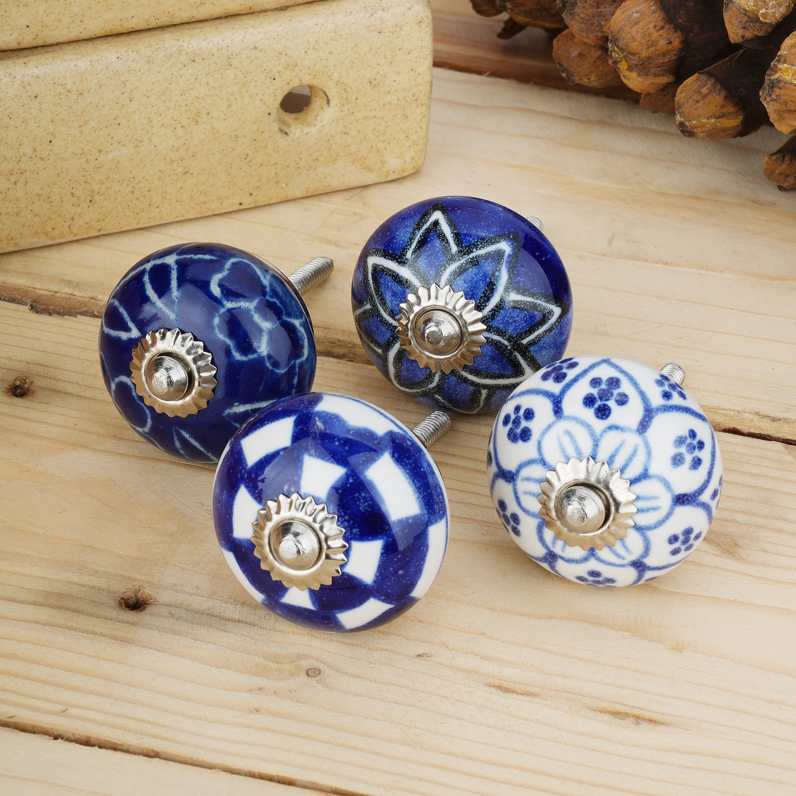 Ajuny Set da 10 Pomelli Cucina in Ceramica Blu e Bianco – Dipinti a Mano, Finitura Lucida – Maniglie Decorative per Mobili, Ante di Armadi Cassetti di Cucina e Bagno – Viti Incluse