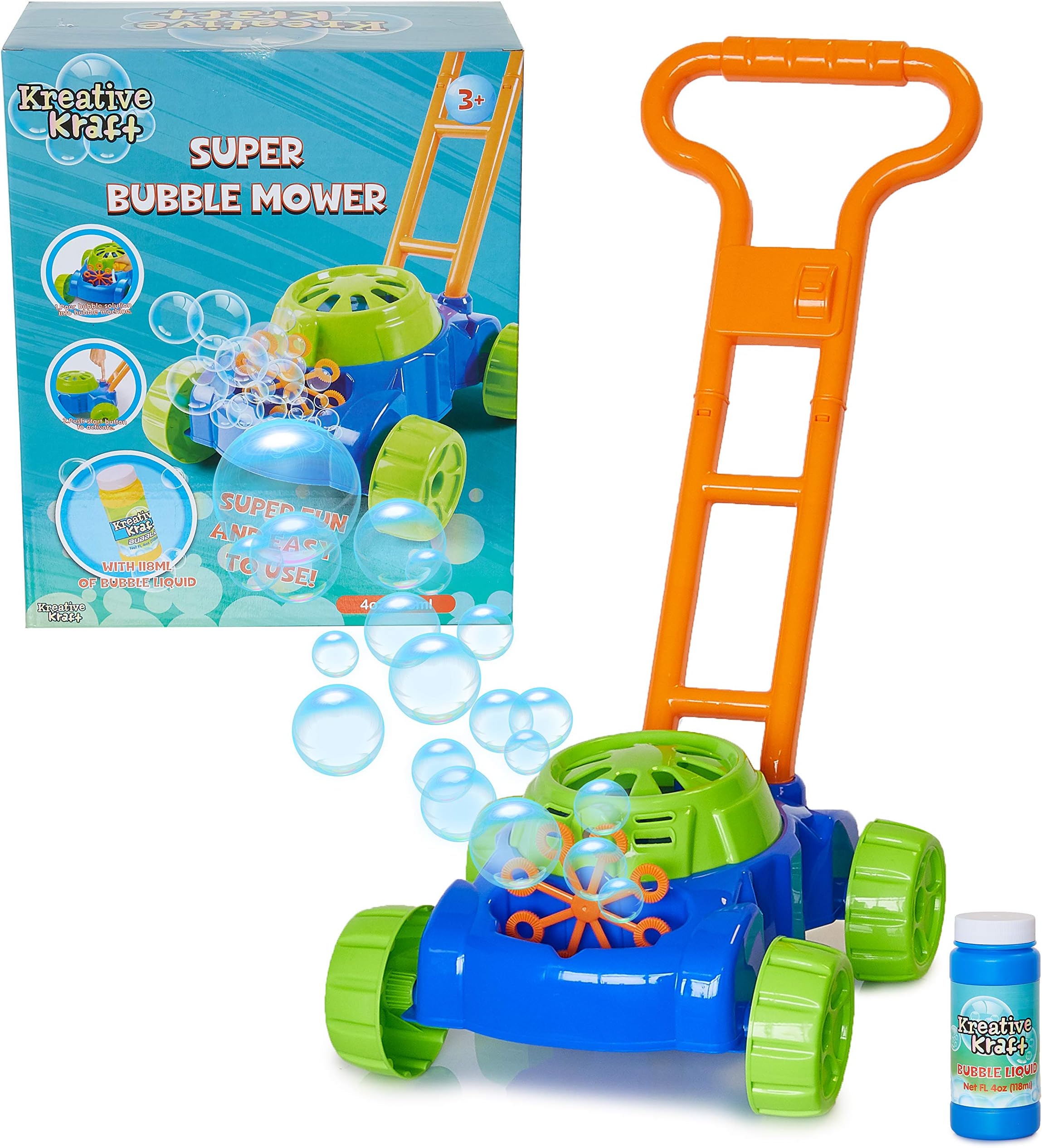 KreativeKraft Bubble Machine Lawn Mower Toy, Push Along Soapy Solution Included, Gift Idea For Kids From Age 5, Garden Games for Kids