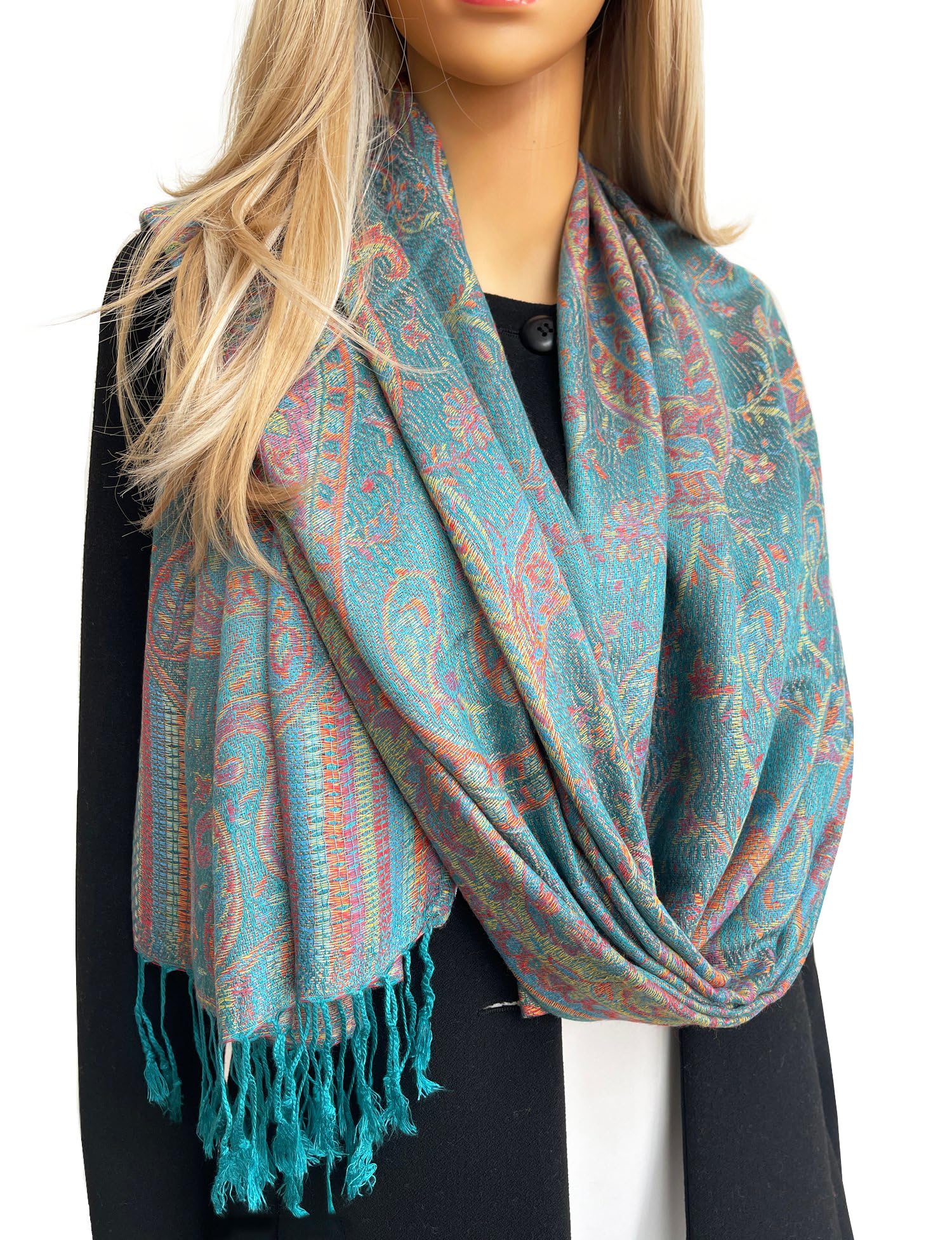 The Accessory Co. Women's Teal Pashmina Scarf Shawl Wrap - Large Long Paisley Floral Scarves, Wearable Blanket Scarf, Winter Scarfs, Indian Shawl Wedding Evening Stole, Head Scarf (Teal)