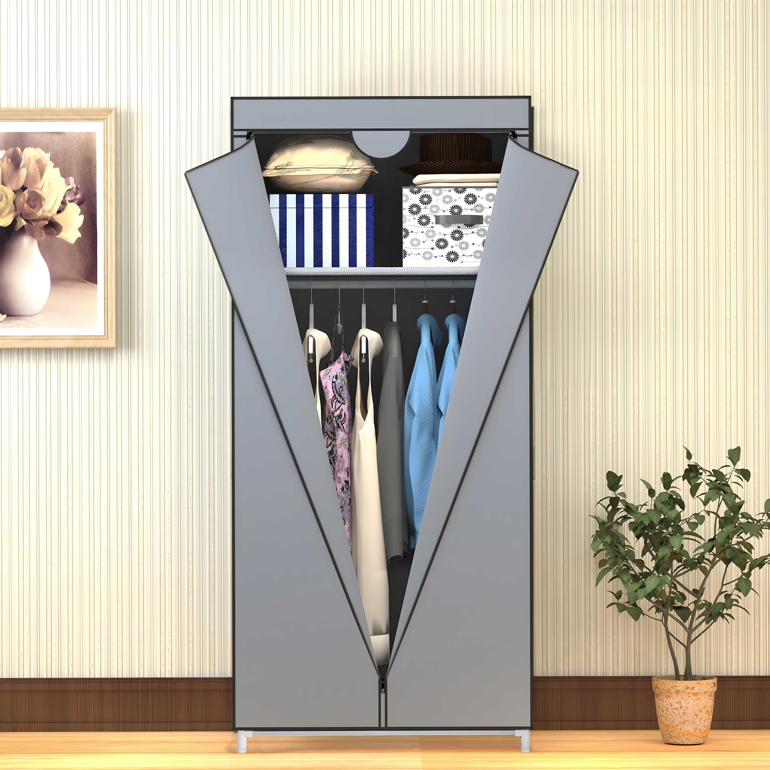 Retoo Kleiderschrank Aus Stoff, Stoffkleiderschrank, Faltschrank, Reißverschluß, Stoff, Kleiderständer, Aufbewahrung für Taschen, Spielzeug,Schuhe Graue, Farbe