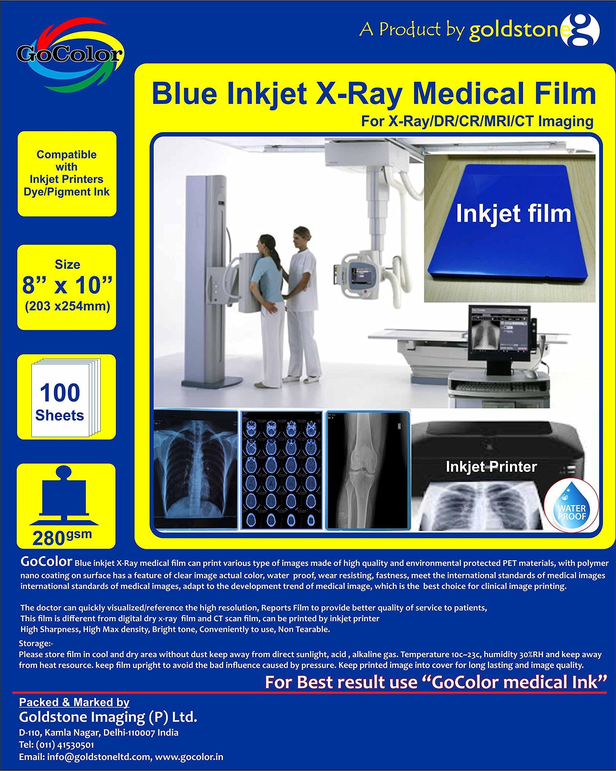 Inkjet Medical Blue Film for X Ray imaging/Waterproof Film/SIZE: 203mm x 254mm (8 inch X 10 inch) X 100 Sheet Pack of 280 GSM / 210 Micron