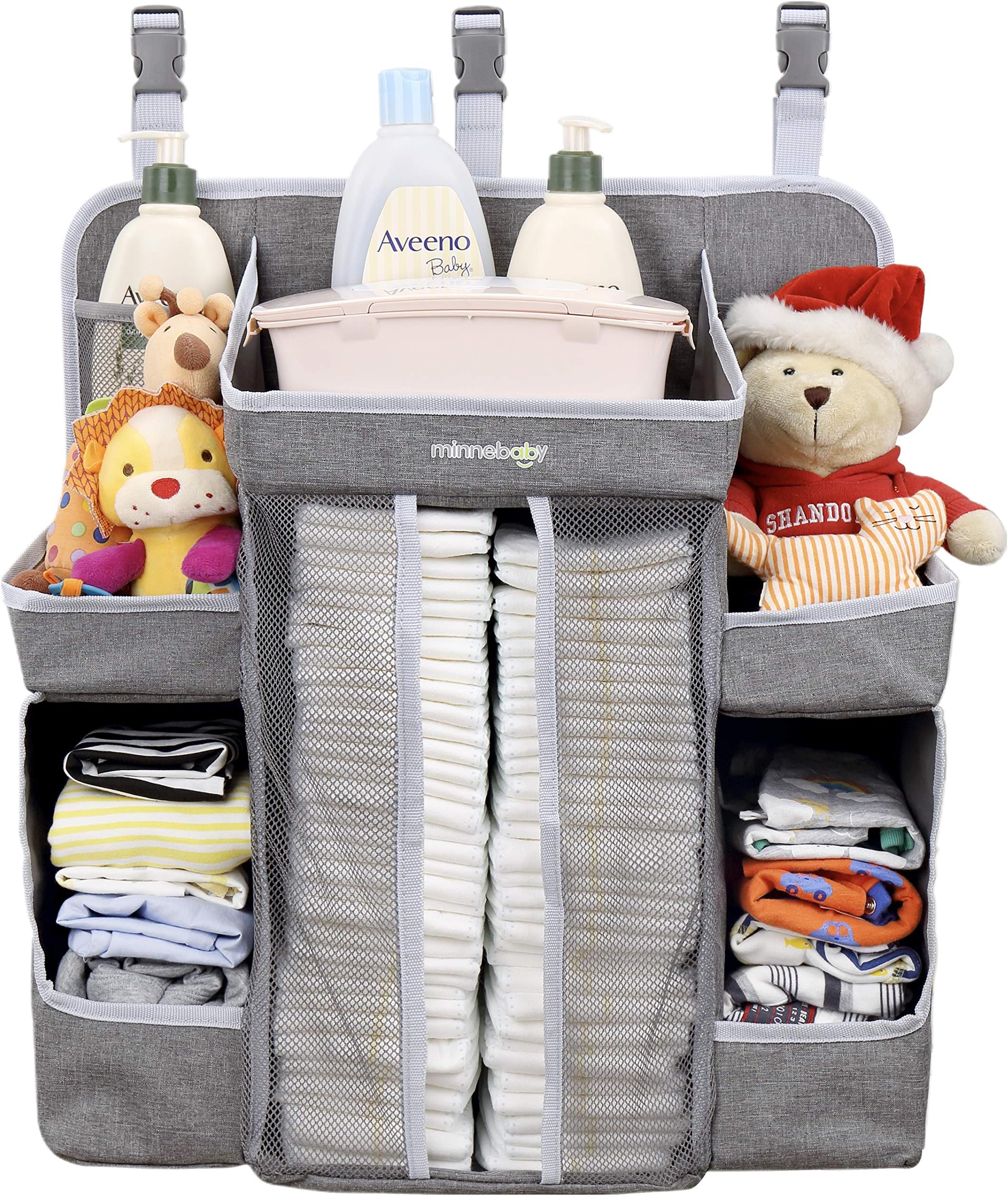 Minnebaby Baby Nursery Organizer and Diaper Caddy Organizer, Hanging Changing Table Diaper Stacker for Crib Storage and Nursery Organization