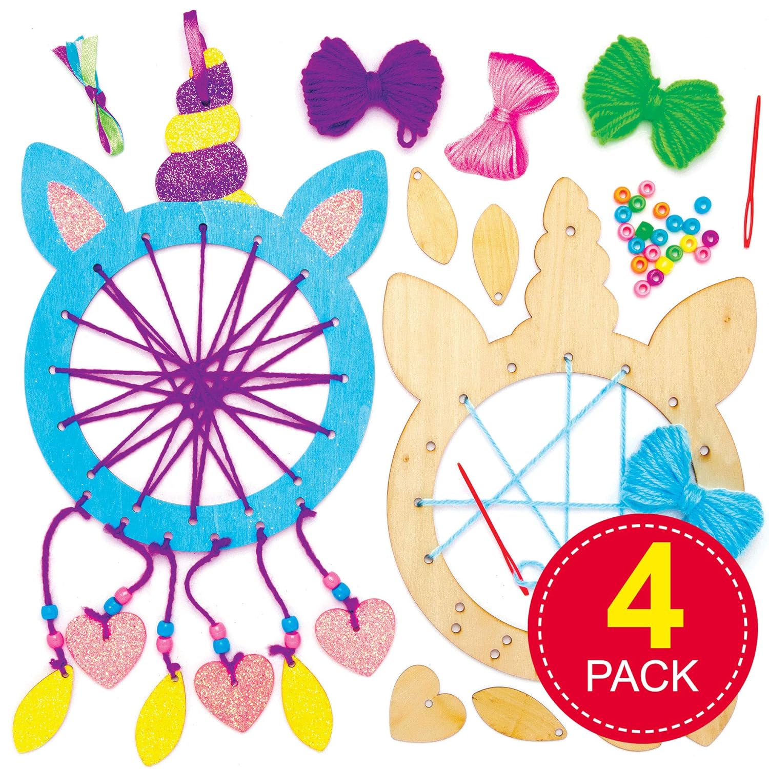 Baker Ross AT721 Wooden Unicorn Dream Catcher Kits - Pack of 4, Create Your own Dreamcatcher Kits for Kids Arts and Crafts, Wall Decorations for Girls and an Introduction to Sewing