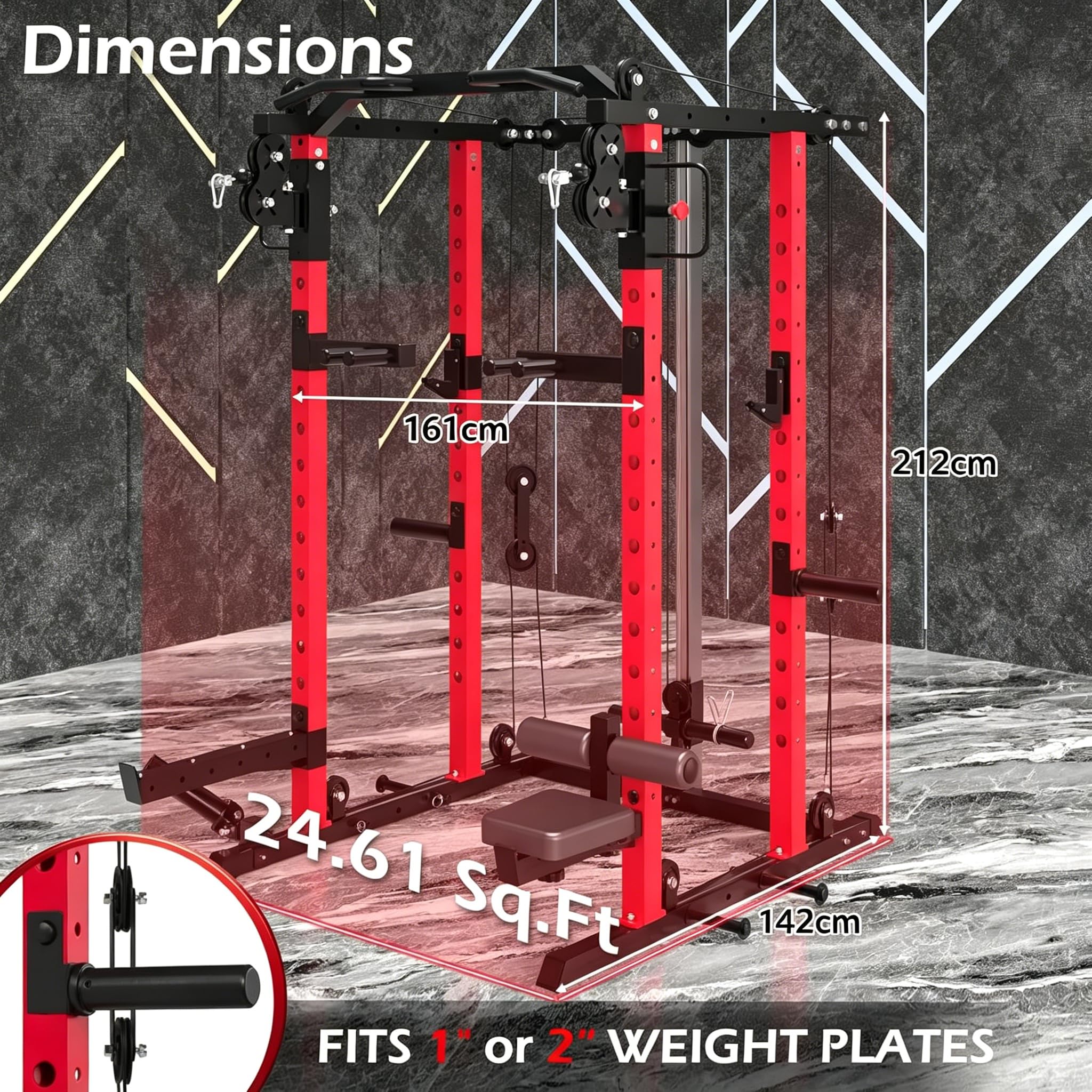 YODOLLA Power Cage 907 kg, Power Rack mit Bankdrück-Funktion, Latzug & Doppel-Kabelzug für Zuhause, All-in-One Kraftstation für Home Gym & Garage