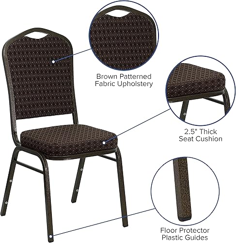 Miniatura 5 de Flash Furniture HERCULES Series - Silla apilable para banquetes con respaldo de corona en tela estampada marrón, marco de vena dorada