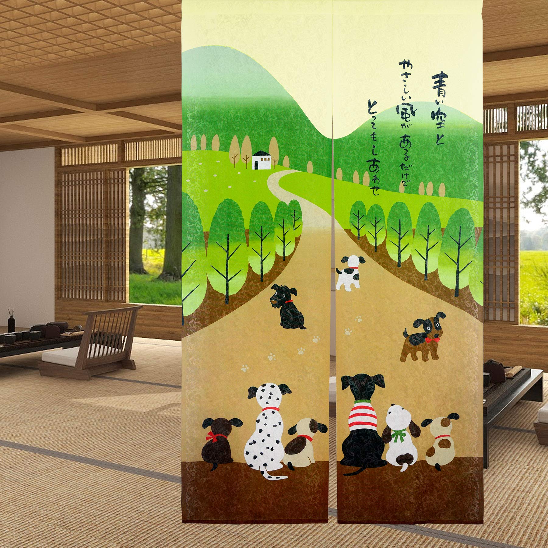 LIGICKY Noren Japanese Style Doorway Curtain Tapestry for Home Decoration 33.5’’ x 59’’ (Happy Dog Family)