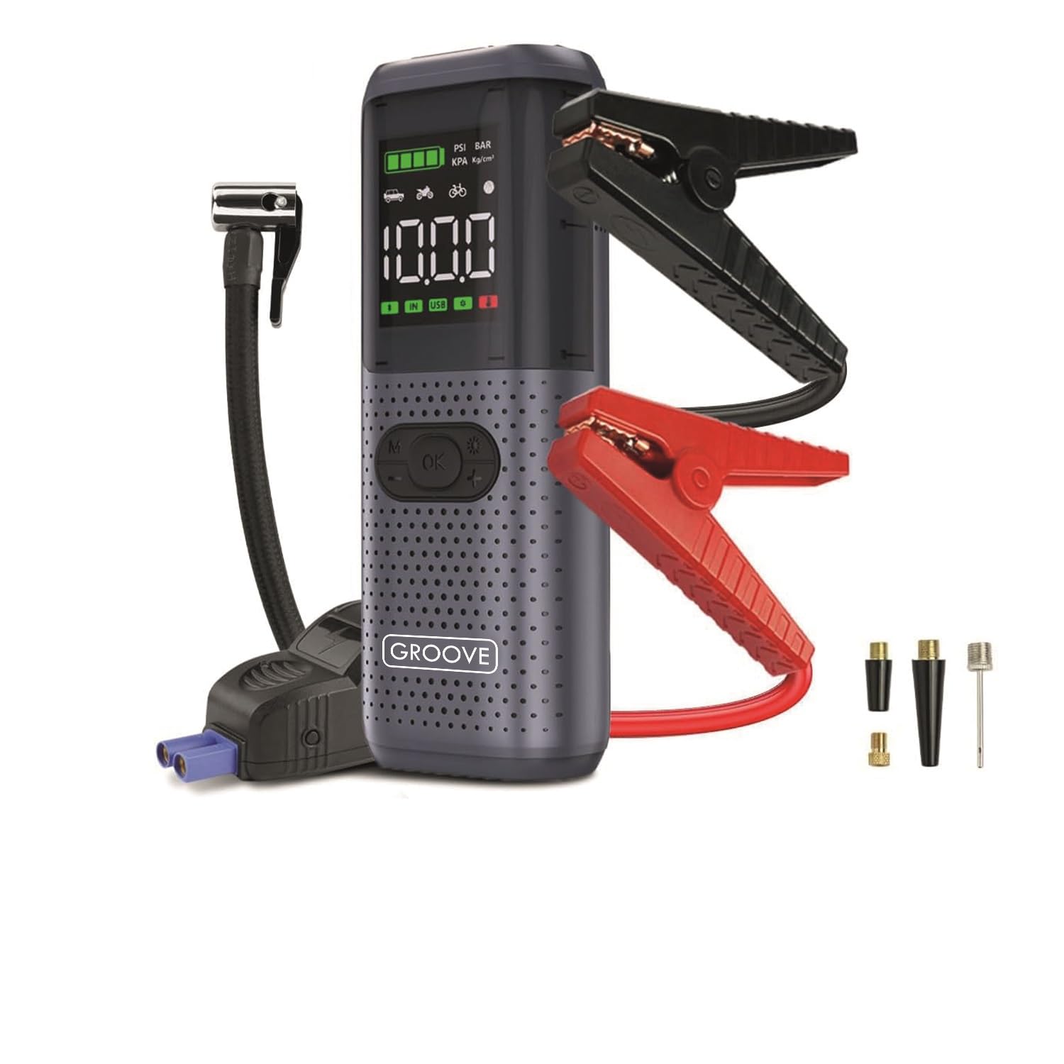 GROOVE HCB002 24400mAh 3000A Tepe Akımı Profesyonel Akü Takviye Cihazı + Lastik Şişirme Kompresörü Taşınabilir Jump Starter (Kompresör+Powerbank+Led Lamba+LCD Ekran) Benzinli ve Dizel Araçlar için