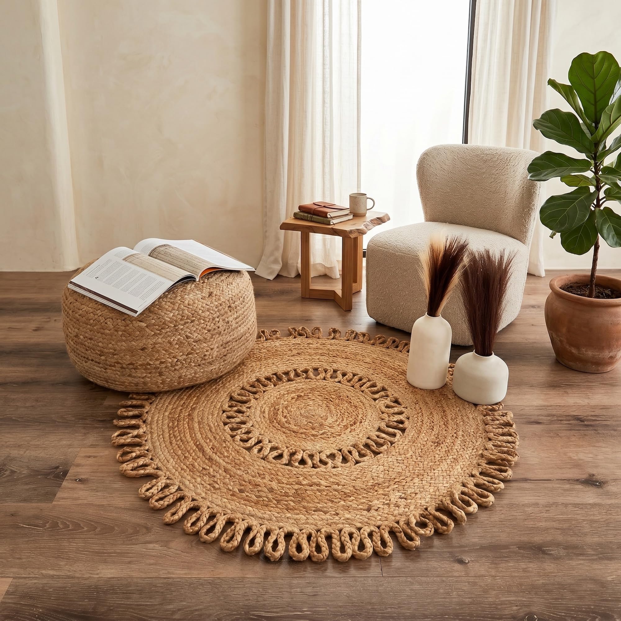 Atlas Round Rug, 100% Natural Jute, Artistic, Hand Woven Circular Round Rugs for Kitchen, Living Room, Bedroom, Bathroom, Farmhouse - 120cm Round, 120cm x 120cm