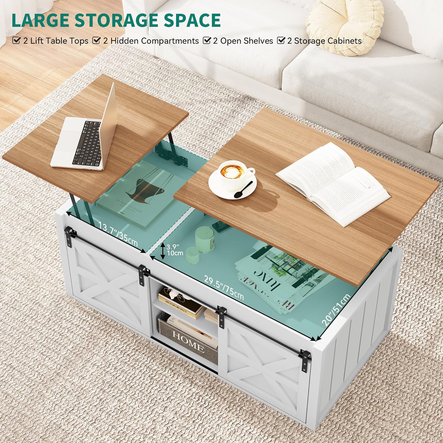 White and Natural Wood Lift-Top Coffee Table with Sliding Barn Doors