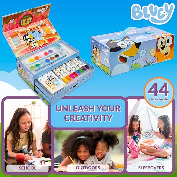 Bluey Painting Case for Children Painting Set with Coloring Pencils Wax Crayons Watercolours Art Supplies Children Painting Box Gifts for Children (Blue 3 animal)