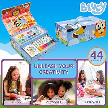 Bluey Painting Case for Children Painting Set with Coloring Pencils Wax Crayons Watercolours Art Supplies Children Painting Box Gifts for Children (Blue 3 animal)