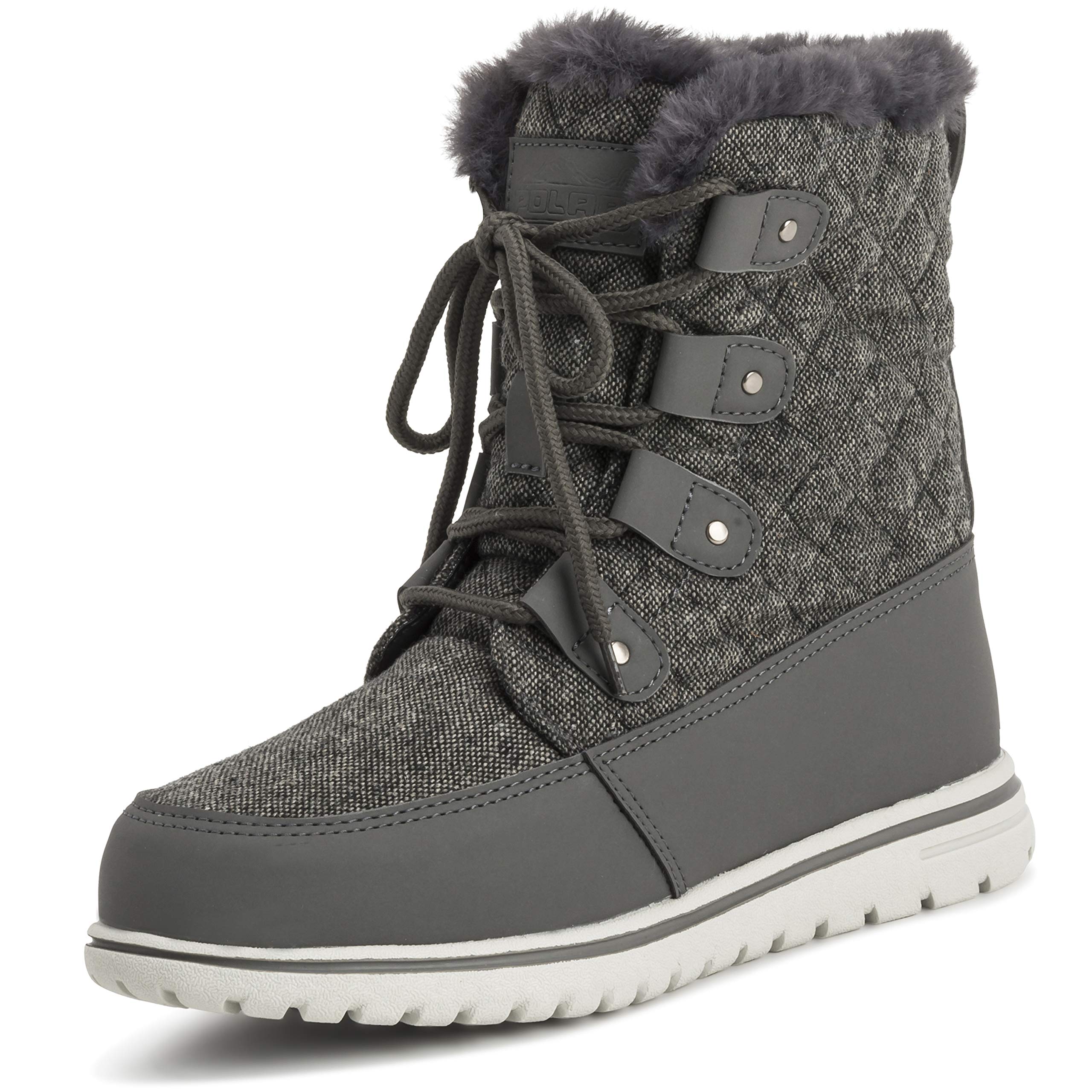 Polar Boot Women’s Waterproof Quilted Winter Snow Boots – Fur-Lined Short Ankle Boots with Thermal Insulation, Anti-Slip Rubber Sole & Lace-Up Design for Cold Weather - Grey Textile Quilted - UK7/40