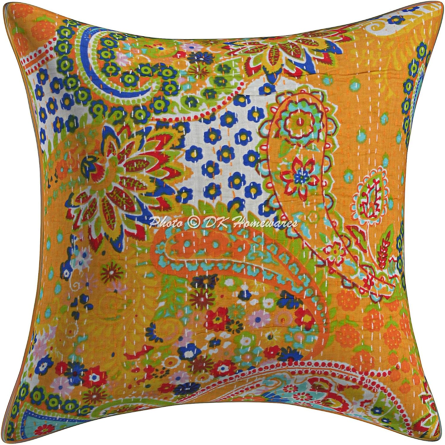 Bohemian Decorative Toss Throw Pillowcases 16 Inch Cotton Kantha Paisley Indian Square Accent Cushion Covers (Size - 40x40 cm ; Color: Mango Yellow) - Set of 4 Pcs (Cover Only)