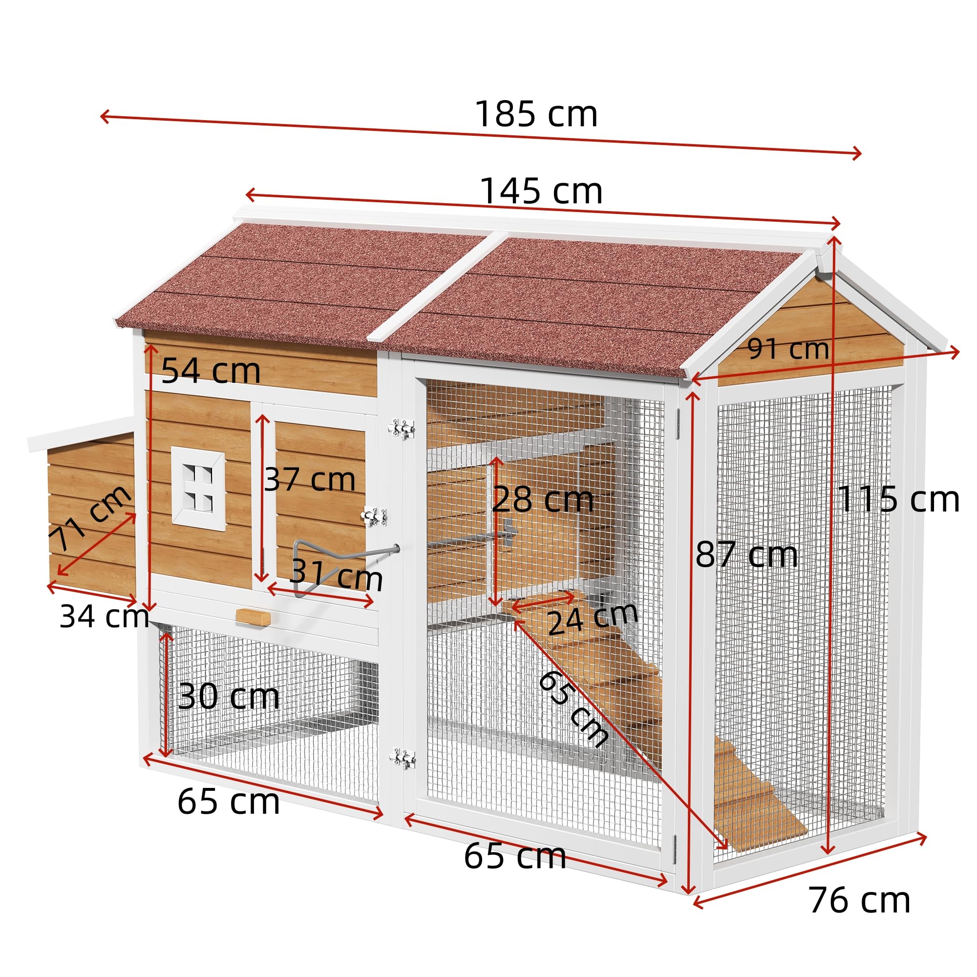 Gallinero de madera de abeto, resistente al invierno, para exteriores, para hasta 4 gallinas, con nido, cajón galvanizado, percha y cierre, 185 x 91 x 115 cm, color madera natural