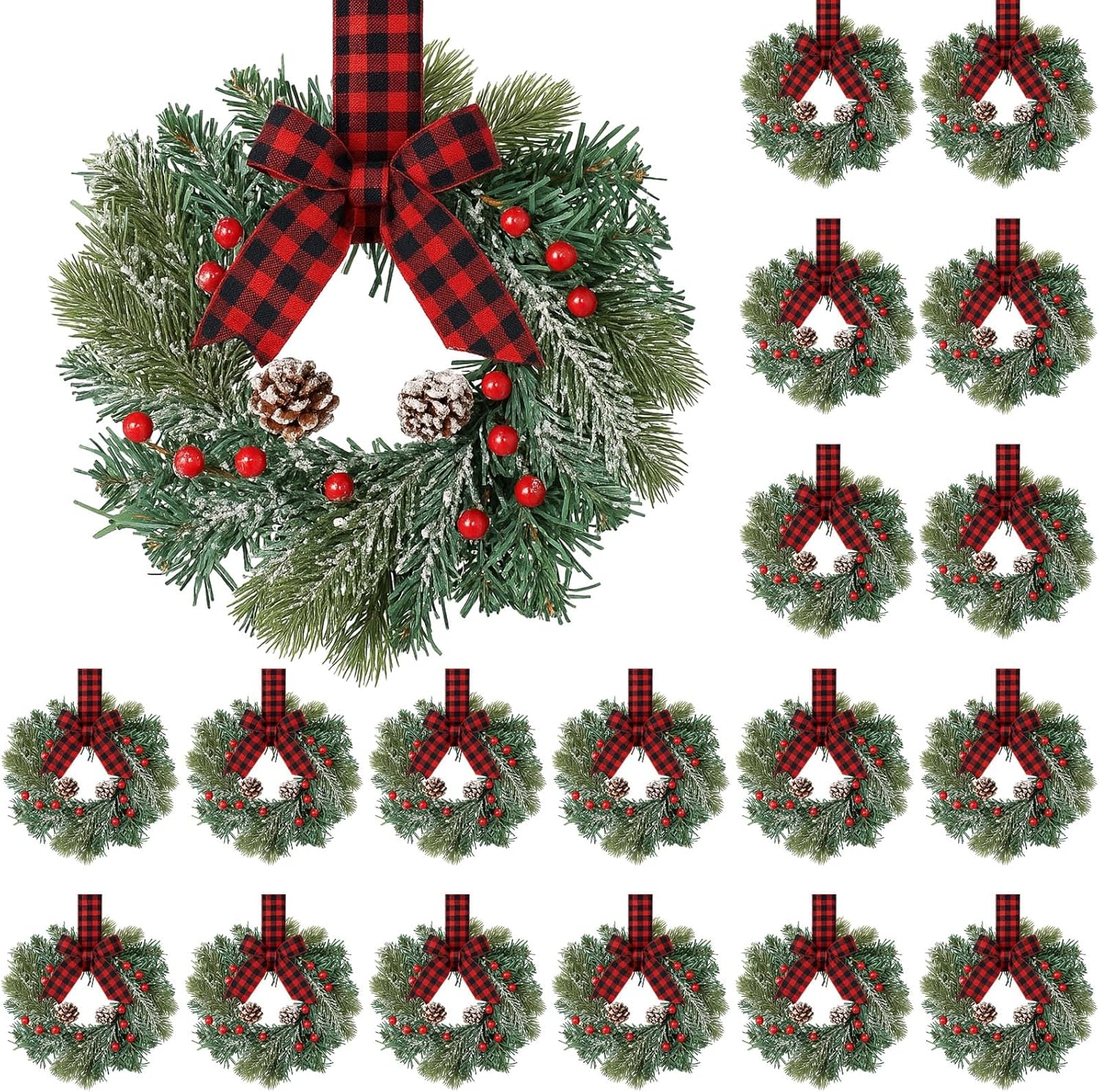 Jexine 18 Pieces Mini Christmas Wreaths for Kitchen Cabinet Small Christmas Candle Rings Wreaths Pillars Candle Rings Table Centerpieces Hanging Garlands for Front Door Window Decor (No Red Ribbon)