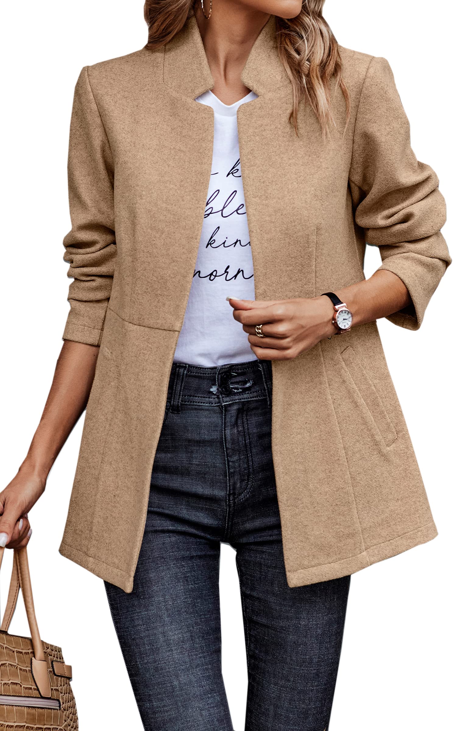 CCTOO Women's Coat Casual Open Front Blazer Long Sleeve Stand Collar Solid Trench Business Work Office Jacket Outwear