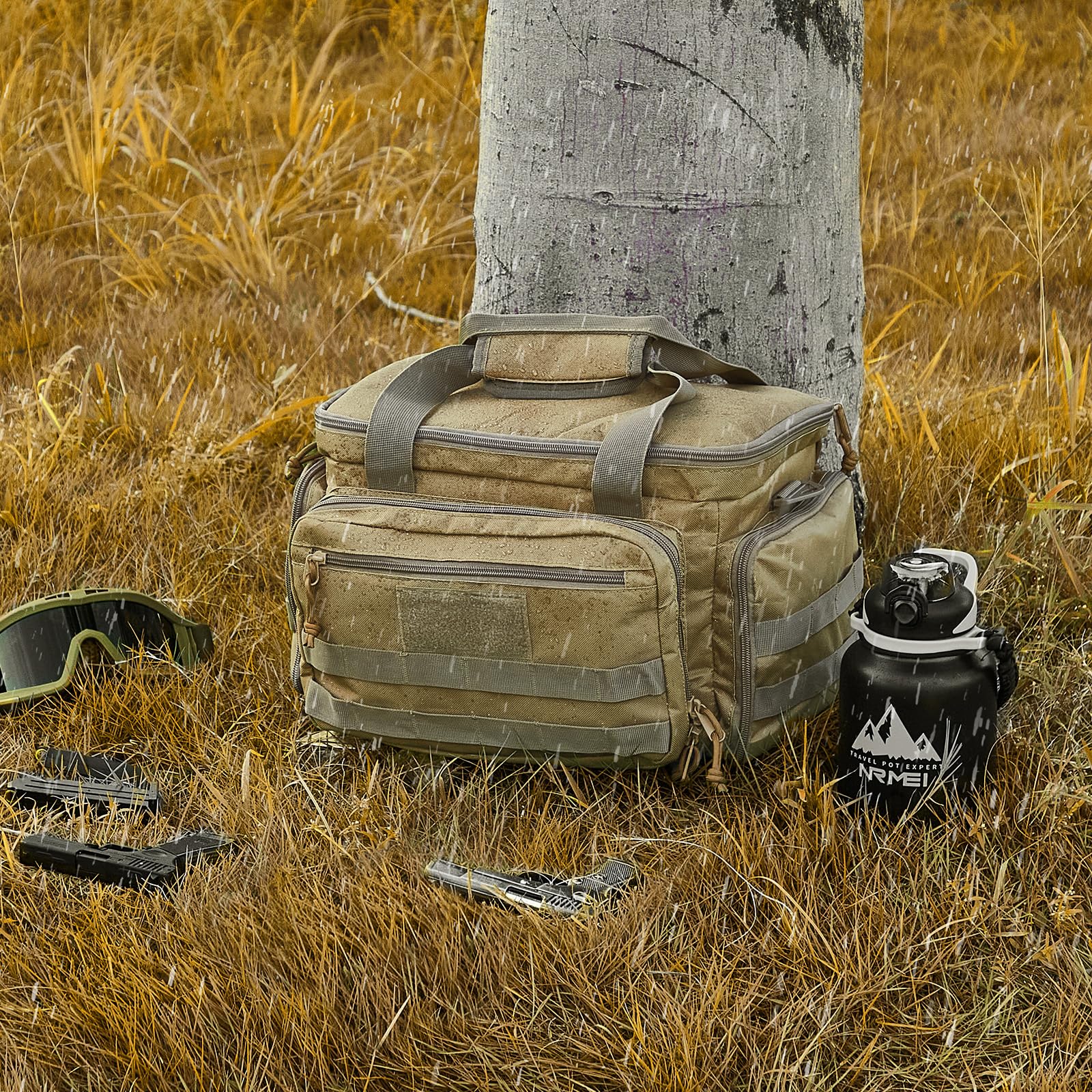 VEVOR Estuche Blando para 4 Pistolas Bolsa para Pistola con 3 Deflectores Desmontables y 6 Cargadores Bolsa de Arma con Una Sola Tira para el Hombro para Campo de Tiro de Caza al Aire Libre, Marrón