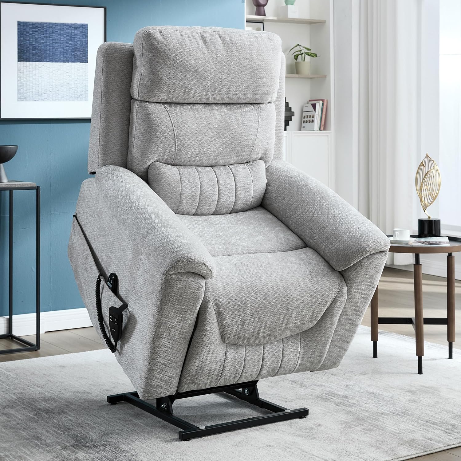 Dual Motor Power Lift Recliner Chair with Lay Flat, Full-Body Vibration & Lumbar Heating - Lift Assist Chair for Elderly, Electric Recliner with Massage and Heat, Easy Assembly Light Grey