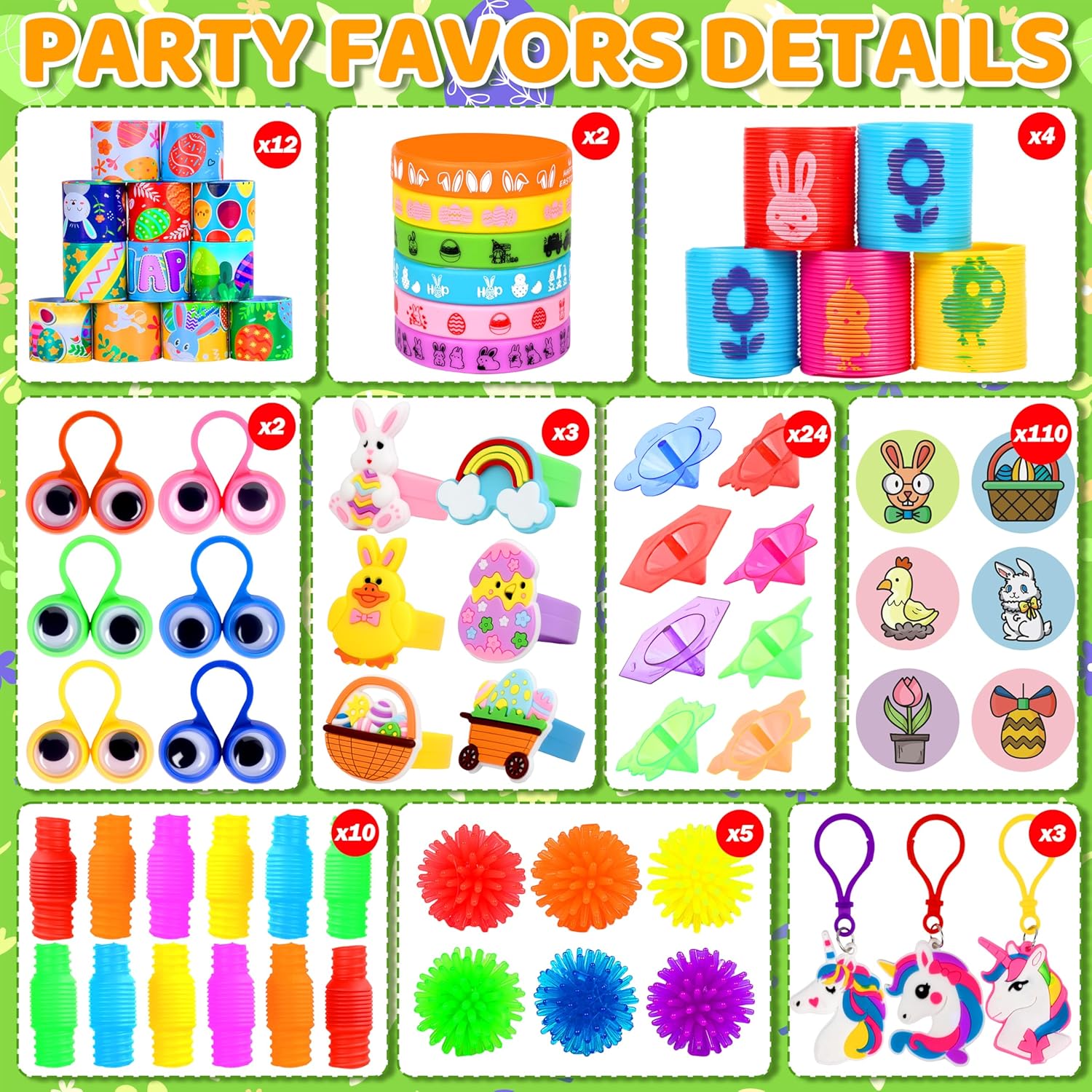330 Pcs Prefilled Easter Eggs Set, 110 Plastic Eggs Filled with 220 Mini Toys and Stickers for Easter Egg Hunt, Basket Stuffers and Party Favors