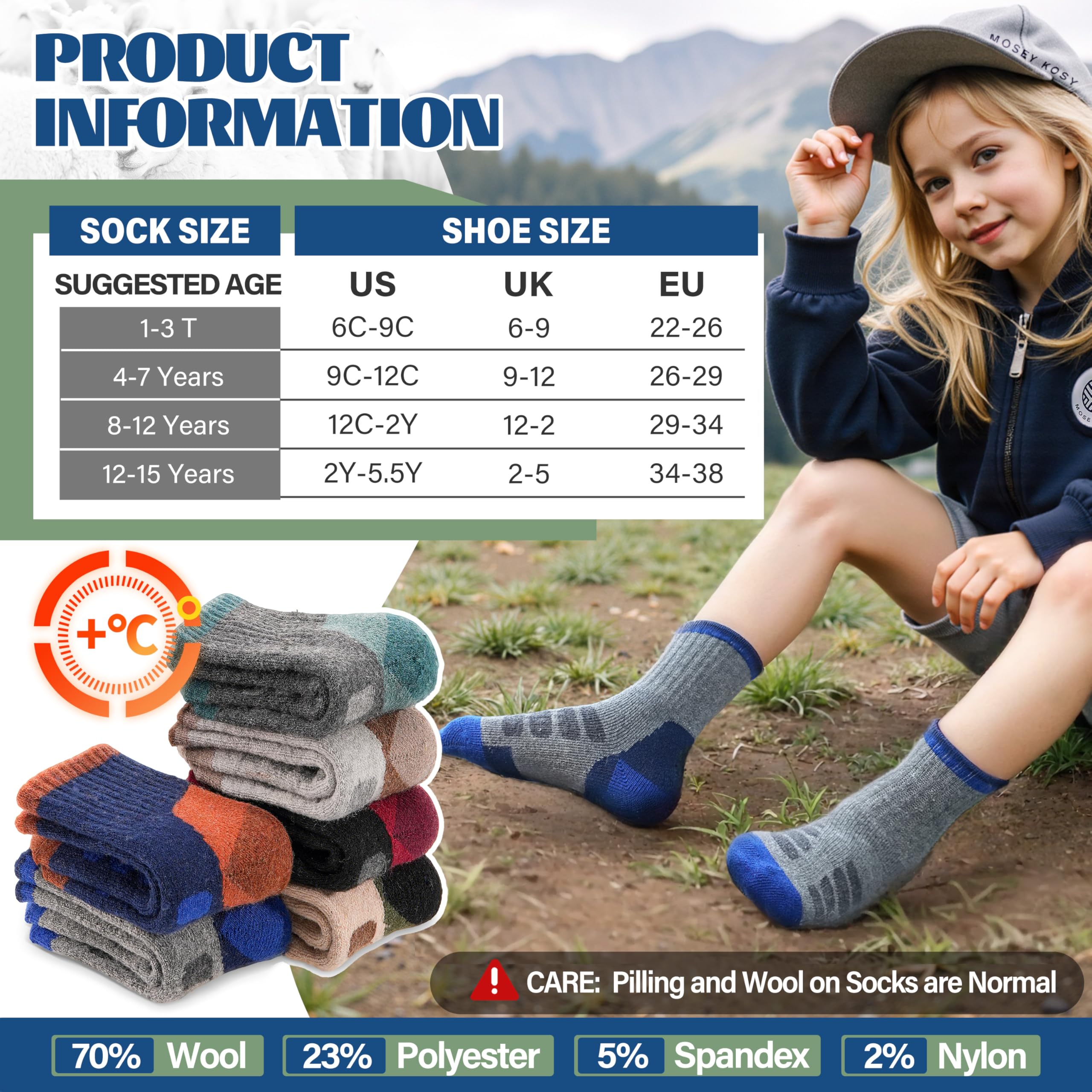 MOSEY KOSY 6 Paires Chaussettes Enfant Laine Mérino pour Marche Garçons Filles Tout-Petits Hiver Thermiques Épaisses Chaudes Rembourrées Chaussettes Crew pour Randonnée