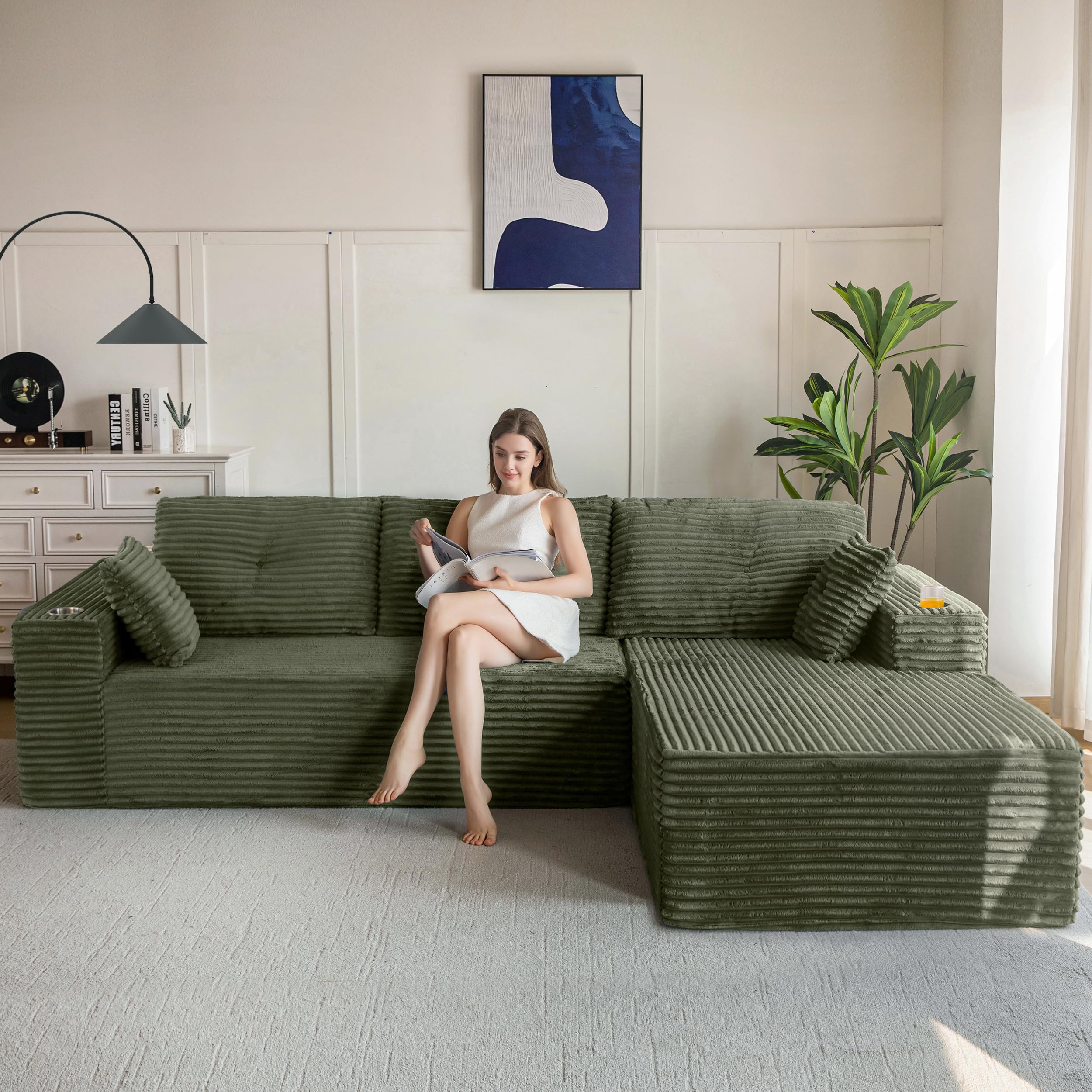 MAXYOYO Modulares Sofa und Chaiselongue, Cloud Boneless Couch, 3-4-Sitzer-Ecksofa Links/Rechts Verstellbar, Cordbezug, Übergroßes L-förmiges Schlafsofa für das Wohnzimmer, Keine Montage Erforderlich