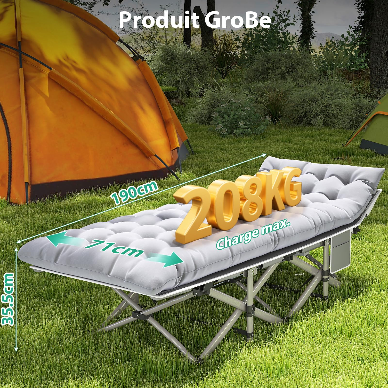 XL Lit de Camping Pliable Robuste pour Adultes, Charge Jusqu'à 208 kg, Lit Pliant 1 Personne pour Camping/Bureau/Voyage/extérieur Inclut Sacoche Matelas, Gris