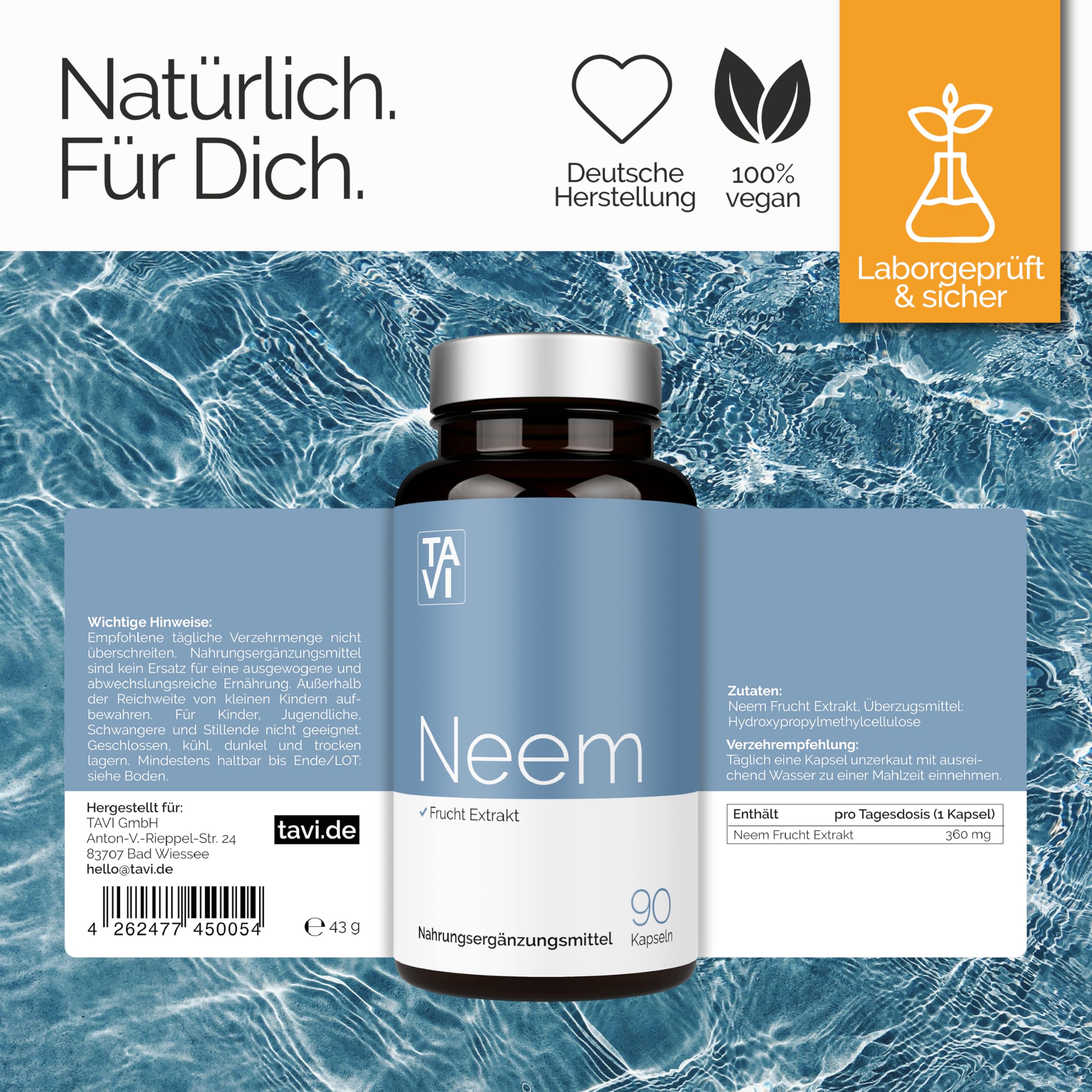 TAVI® Neem Extrakt 10:1 • 90 vegane Kapseln ohne Zusatzstoffe | entspricht 3.600mg • Hergestellt und laborgeprüft in Deutschland
