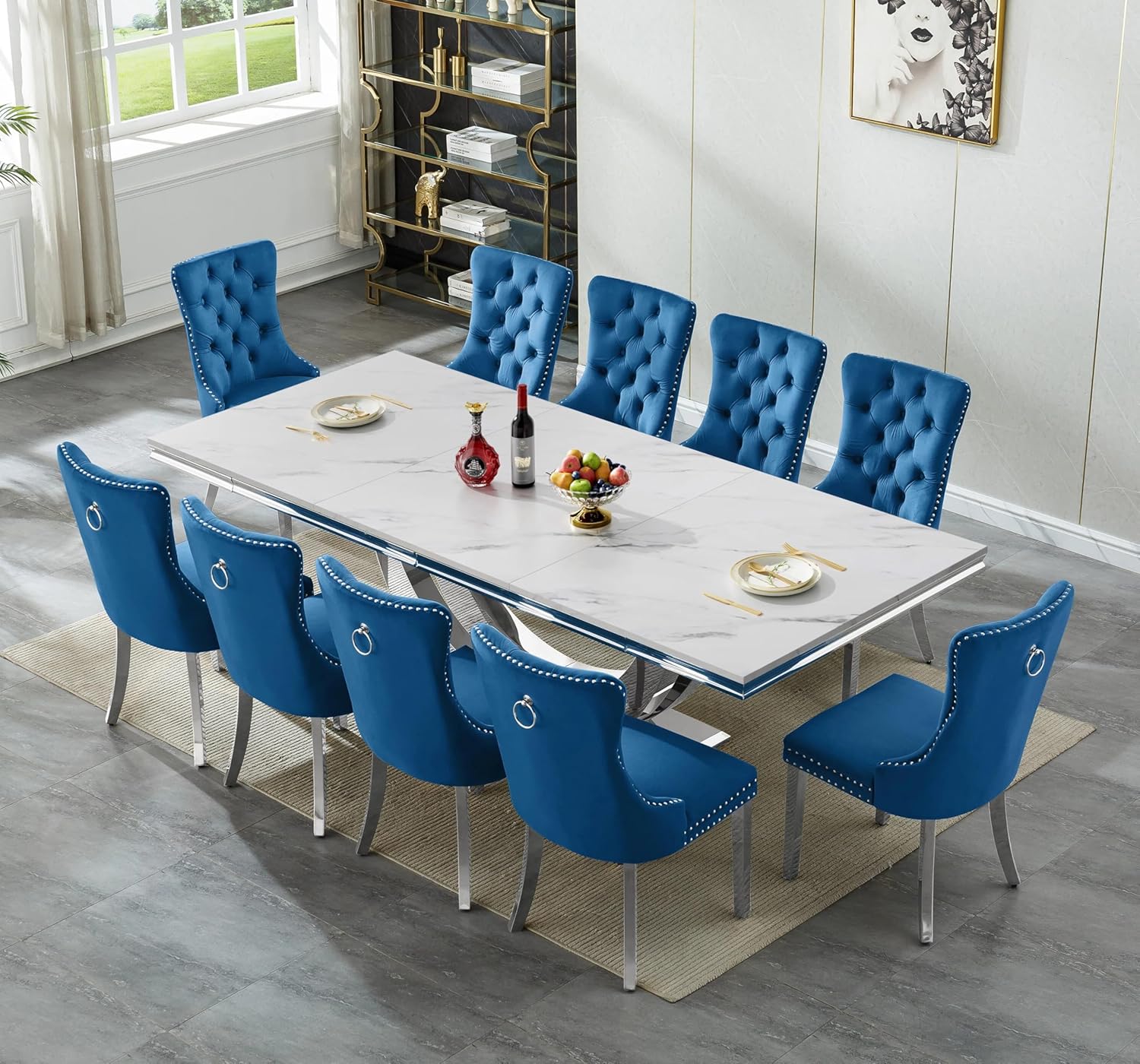 Goujxcy 94.5″ Faux Marble Dining Table Set for 10, Luxury