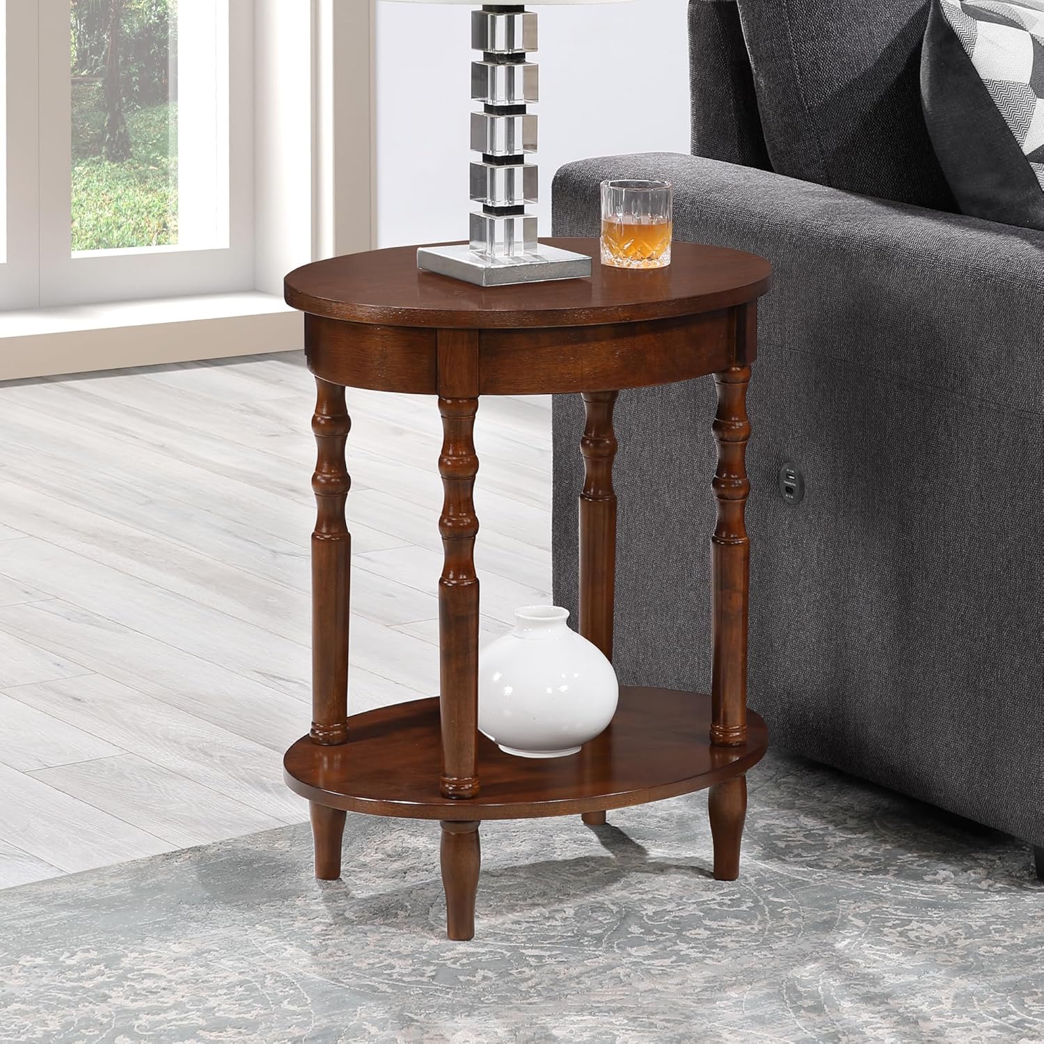 Pemberly Row Contemporary Oval End Table, Solid Wood and MDF, Black Wood Finish, 24 in H x 19.75 in W x 15.75 in D, Spindled Legs, Bottom Shelf, Living Room Accent Table