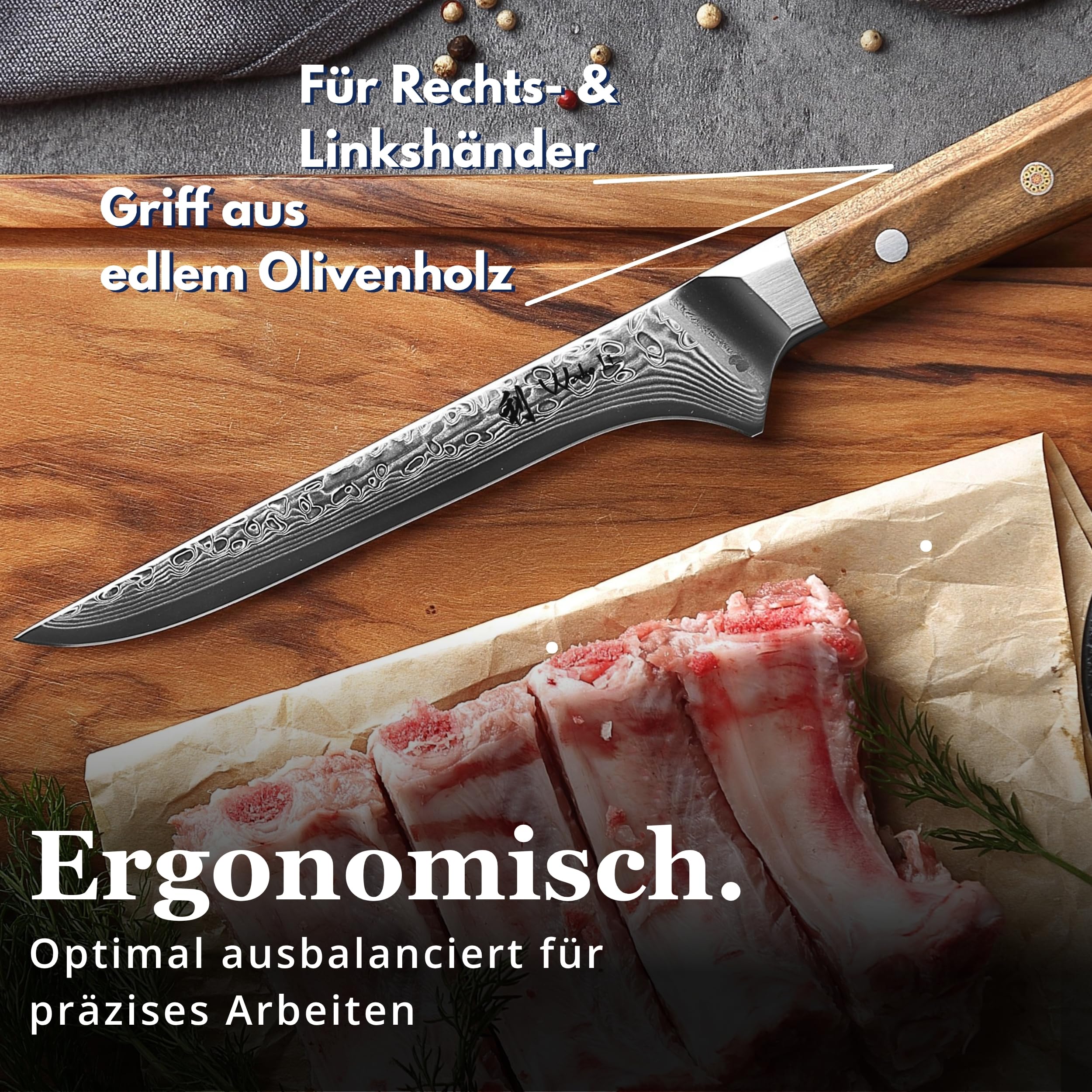 Wakoli Oribu Ausbeinmesser 14 cm Klinge aus 67 Lagen Damaststahl, VG10-Kern
