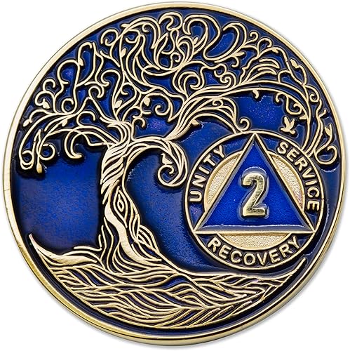 Sobriety Mint 2 años AA Medallion Twisted Tree of Life chapado en oro AA Recovery Chip - azul translúcido