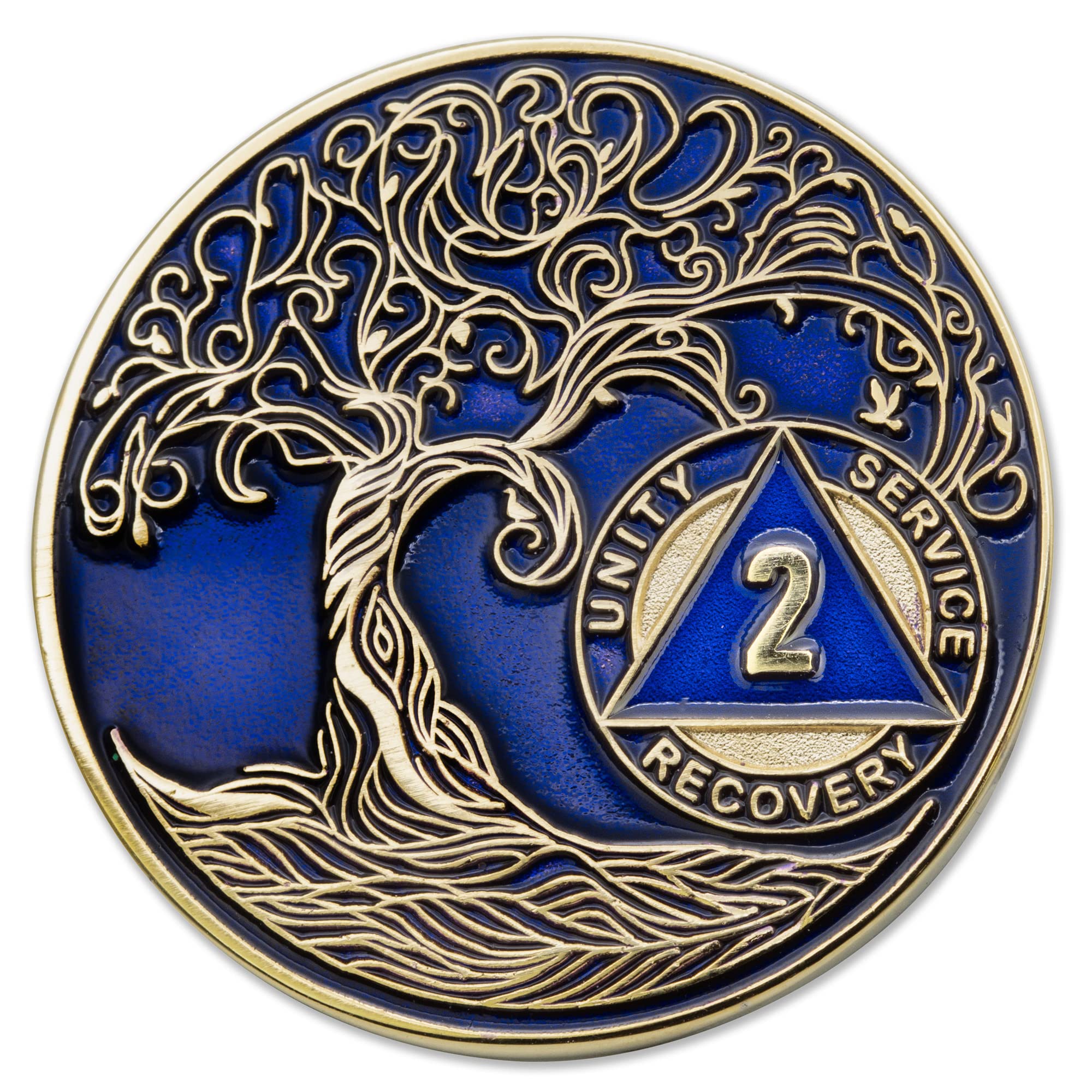 1 to 50 Year Twisted Tree of Life Sobriety Coin - Gold Plated AA Chips &amp; Medallions - 2 Year Sobriety Coin - Translucent Blue
