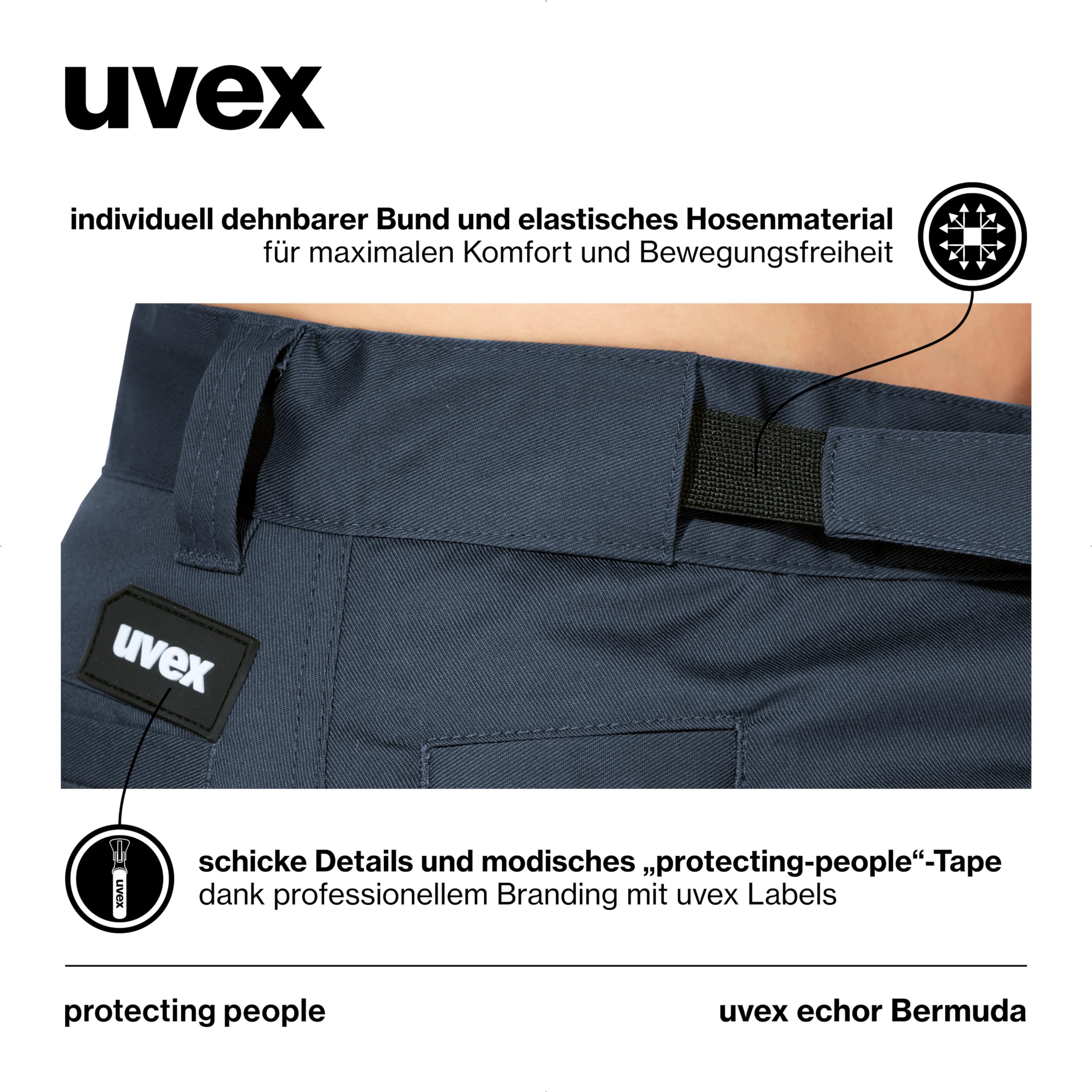 uvex echor Short de travail court de qualité supérieure pour homme - Taille extensible, léger, élastique et beaucoup d'espace de rangement