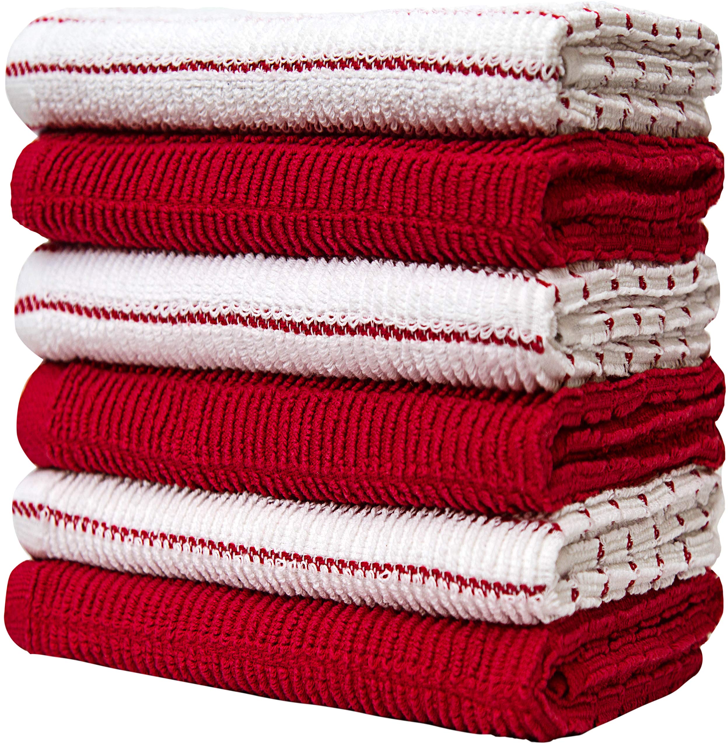 6er Pack große Geschirrhandtücher / 16” x 26” / 40 x 71 cm / 3 x garngefärbtes Koch-Webmuster + 3 x einfarbig / Baumwoll-Handtücher / Set aufeinander abgestimmte Küchenhandtücher / Edel & weich (Rot)