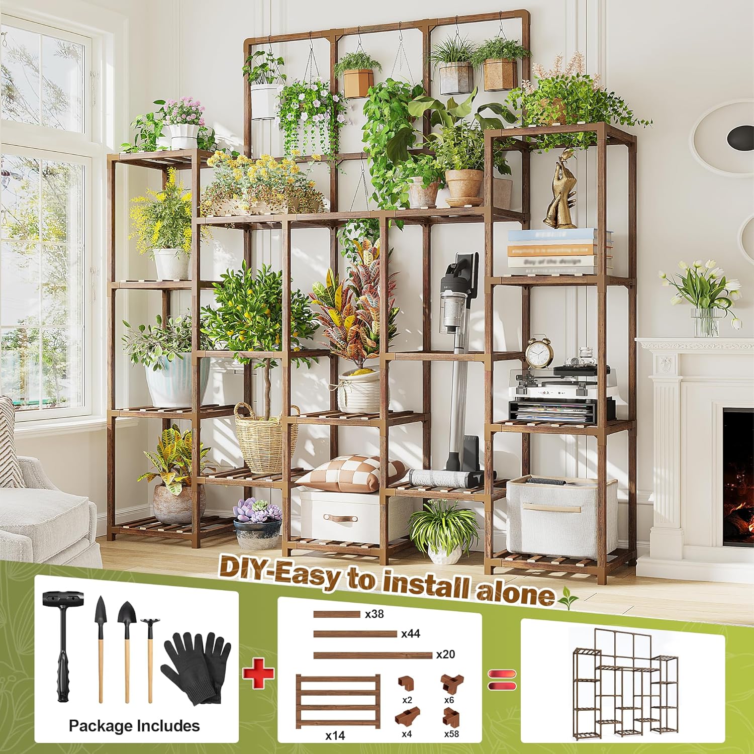 EnHomee Plant Stand Indoor Tall Plant Stand Outdoor Large Wood Plants Shelf with 18-22 Pots for Patio, Living Room, Garden, Balcony, 55.9" Wx63.1 Hx11.78 D