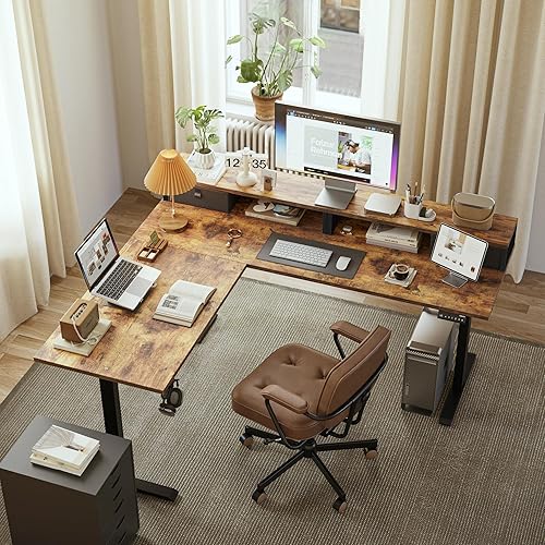 Miniatura 5 de Agilestic Escritorio eléctrico de pie en forma de L con 2 cajones, escritorio ergonómico de altura ajustable de 63 pulgadas con almacenamiento,