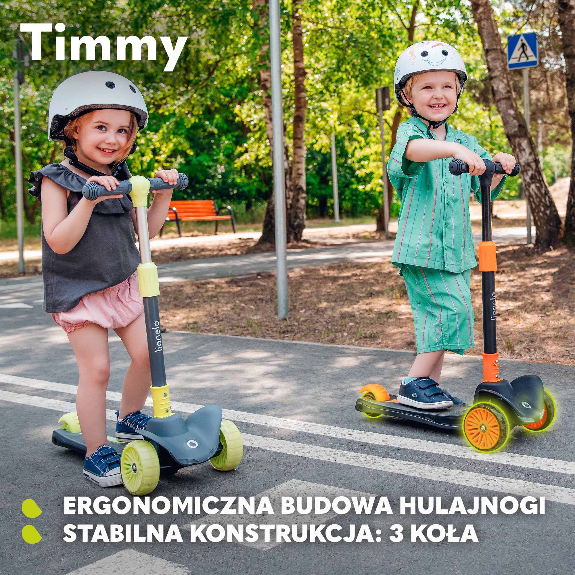 LIONELO TIMMY Hulajnoga Balansowa dla Dzieci od 3 roku życia do 50 kg, Trójkołowa Hulajnoga Dziecięca z Regulacją Wysokości, Antypoślizgowy Podest, Hamulec, Koła i Podest LED (Pomarańczowy)
