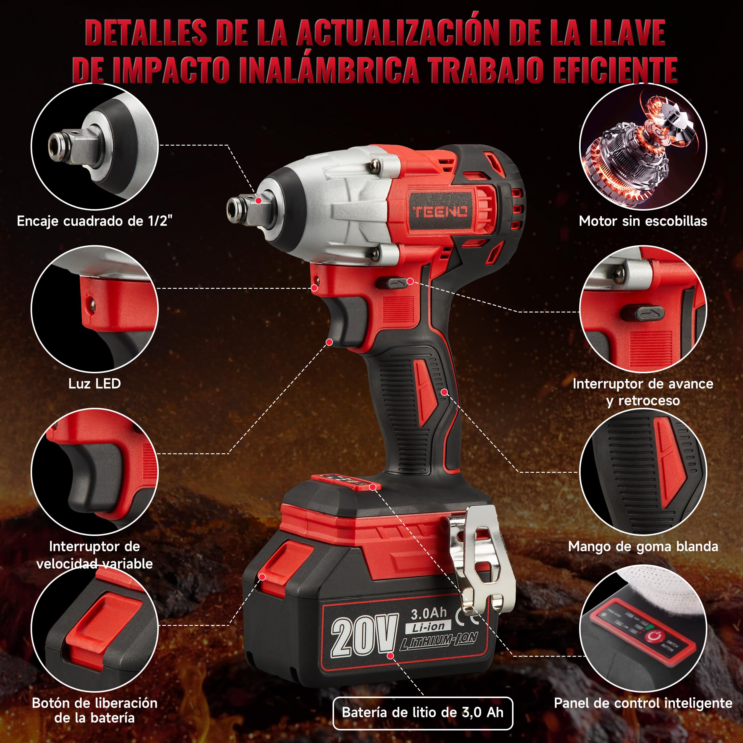 TEENO Juego de Herramientas Eléctricas 3 Piezas (Llave de Impacto Sin Escobillas + Taladro Percutor a Bateria + Amoladora Angular Sin Escobillas), 2 Baterías 20V, Ideal para Reparaciones