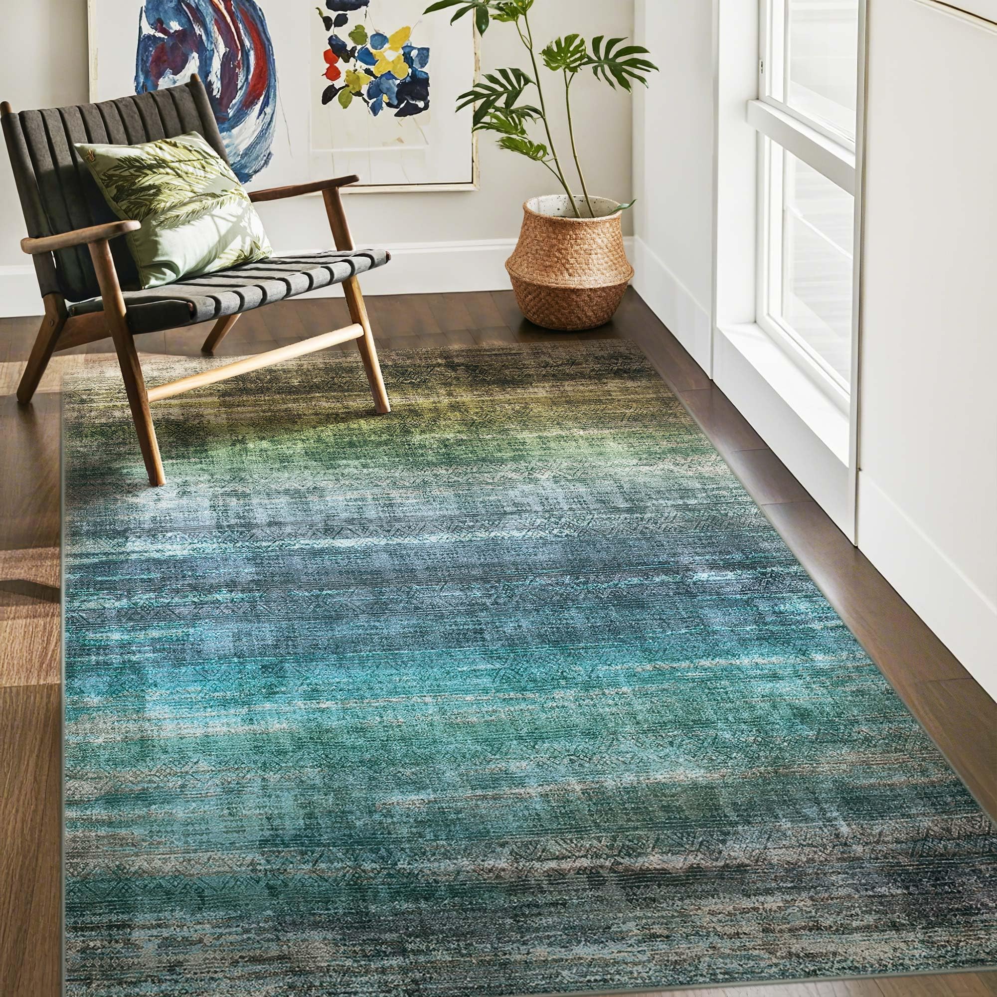 Kokia Abstract Washable Area Rug Living Room Washable 4x6 Non-Slip Stain Resistant Bohemian Rug Soft Indoor Vibrant Blue Carpet for Bedroom Room Decor