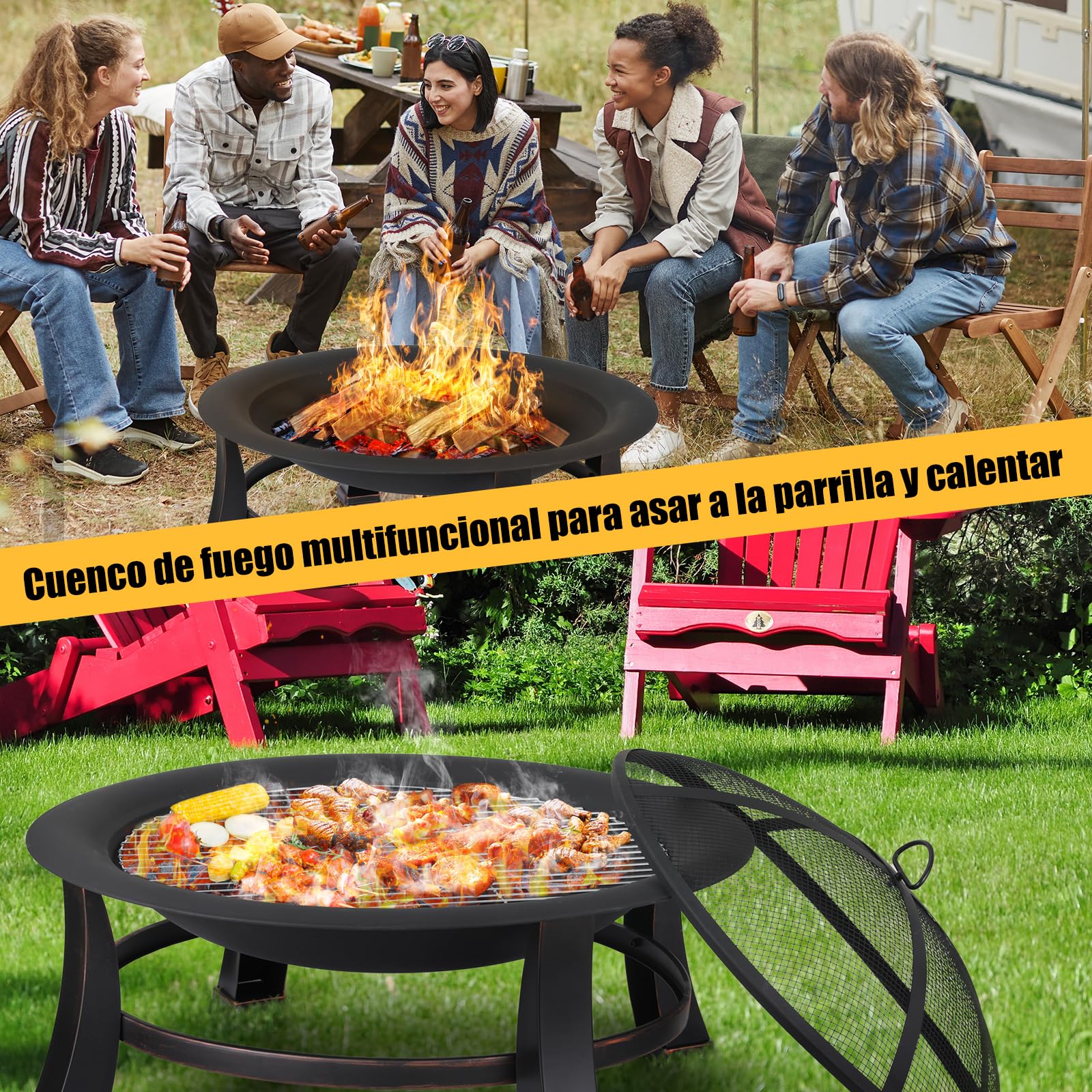 TLGREEN Brasero Exterieur Jardin, Ø 76 cm Pozo de Fuego con Protector de Chispas y Atizador, Brasero Barbacoa con Rejilla para Jardín y Terraza, Parrilla Brasero al Aire Libre de Aspecto Retro