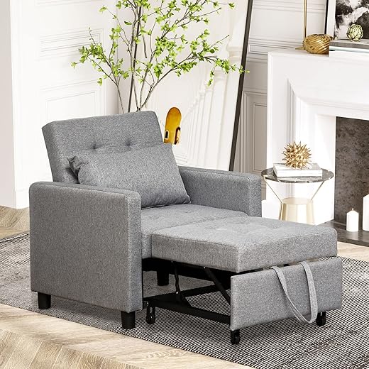 HOMCOM Convertible Sofa Lounger Chair Bed Multi-Functional Sleeper Recliner with Tufted Upholstered Fabric, Adjustable Angle Backrest, and Pillow, Grey