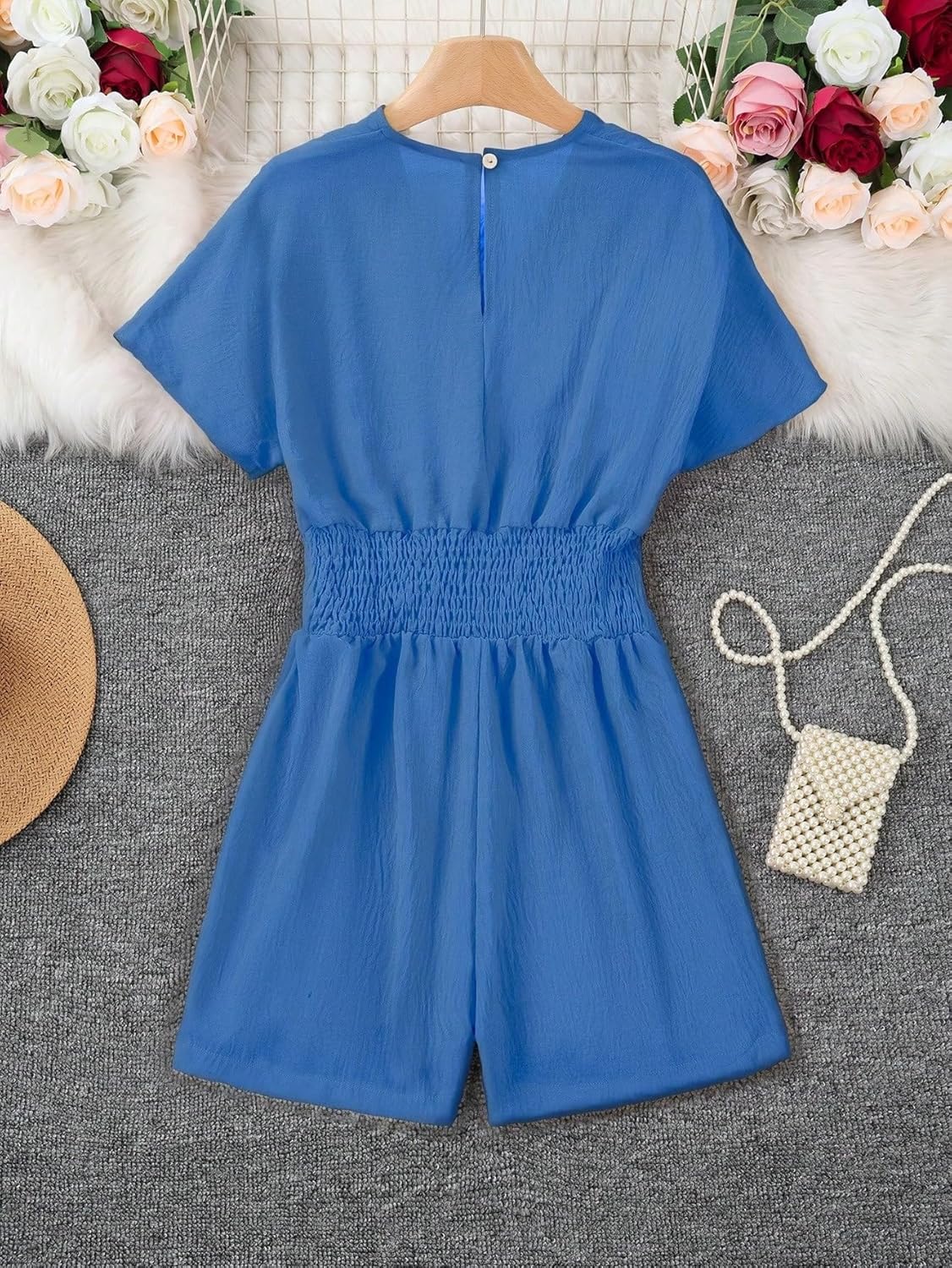 Rompers for Women Summer 2026 Shirred Button Solid Color Short Sleeve Drawstring Waist Jumpsuit