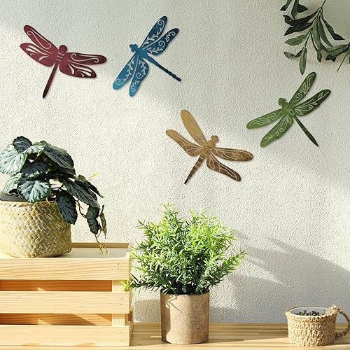 Miniatura 3 de Teling 4 piezas de arte de pared de colibrí de metal, libélula de metal, decoración de pared para casa de campo moderna, rústica, sala de estar,