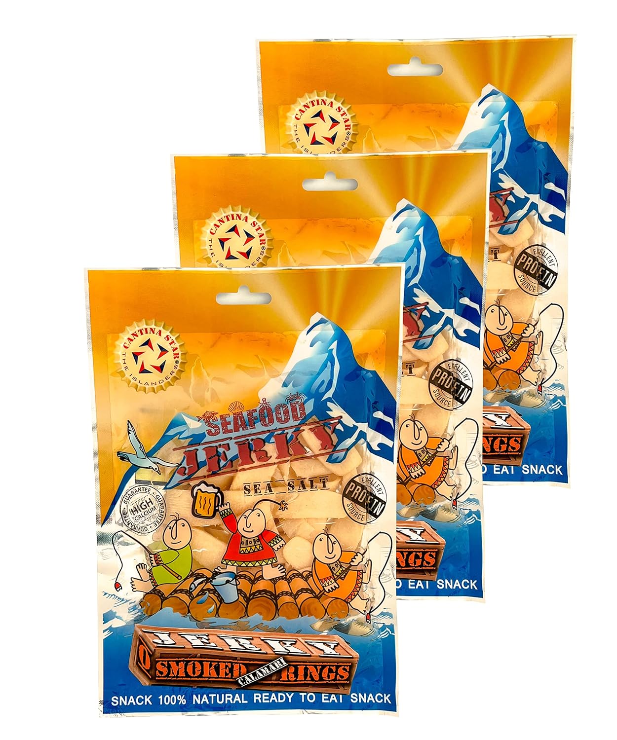 Cantina Star Smoked Rings Calamari Jerky 80g Pack of 3 - All-Natural Wild-Caught Seafood Snack, High Protein, Omega-3 Rich