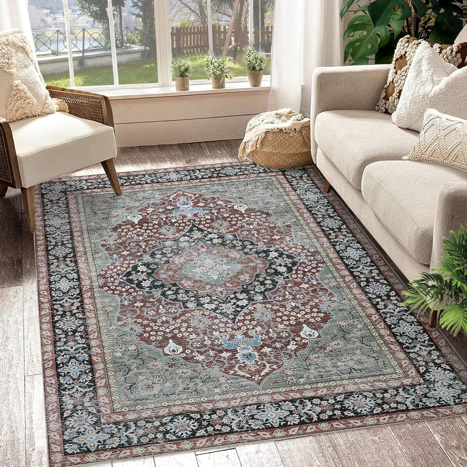 GAOMON 8x10 Area Rug Vintage Distressed Machine Washable Area Rug for Living Room Bedroom Traditional Medallion Non-Slip Stain Resistant Accent Rug Carpet for Home Floor Decoration, Red/Black