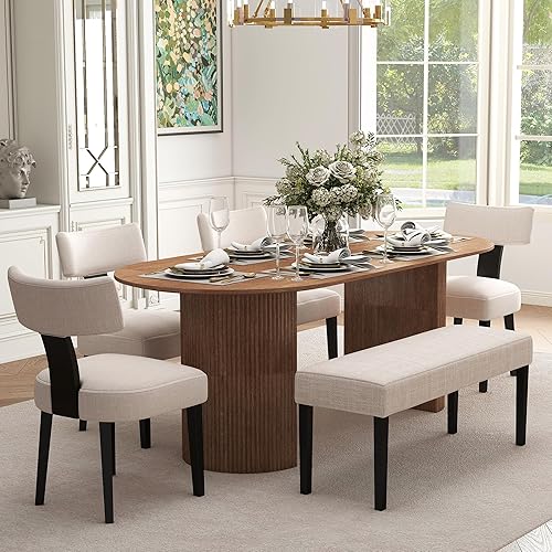 Miniatura 5 de HNY Farmhouse - Asiento de comedor tapizado, banco de entrada de lino de 45 pulgadas con patas de madera negra, banco moderno de mediados de siglo