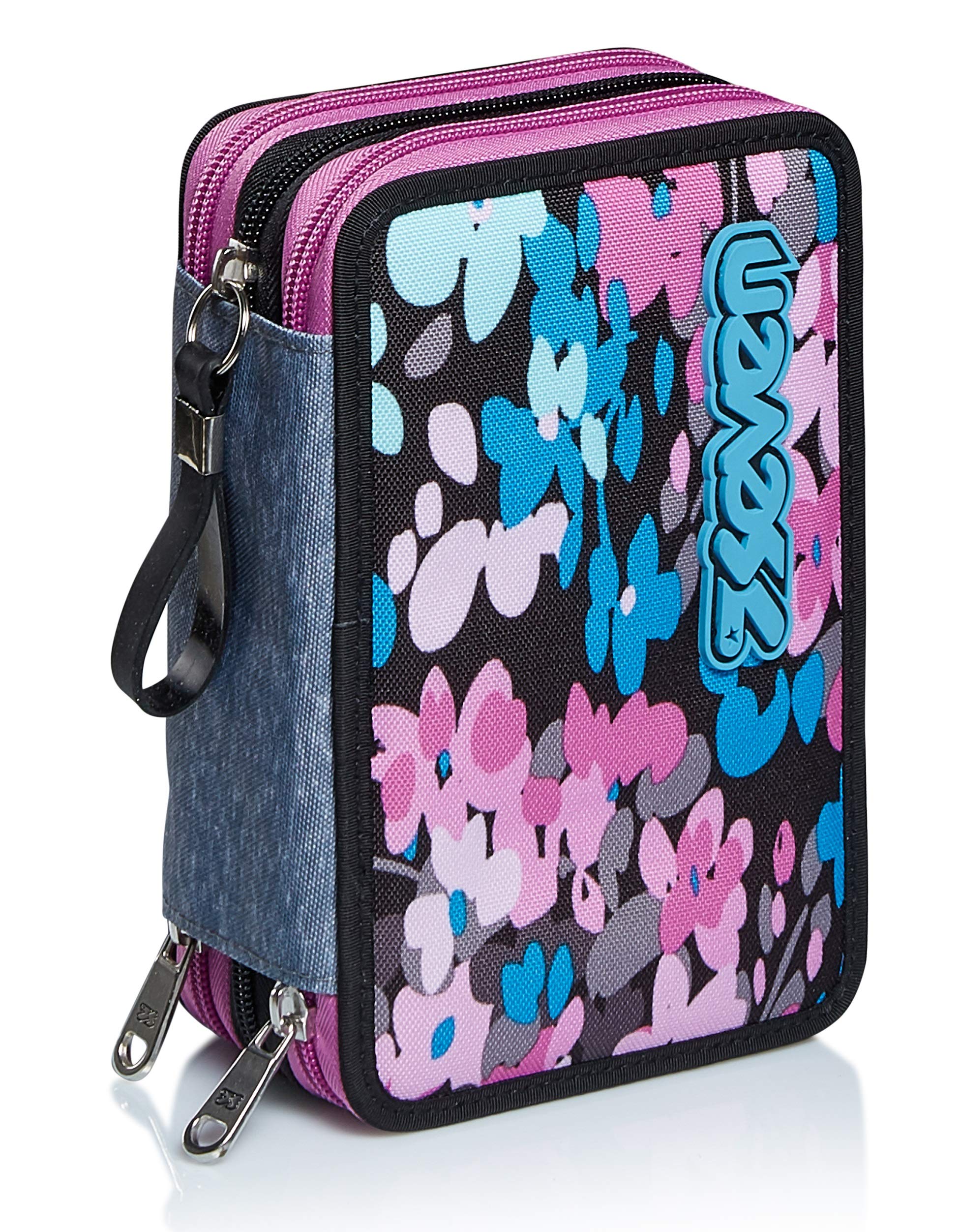 Seven Estuche Escolar 3 Compartimientos – Fluffy Roses, Multicolor con Flores - con Material Incluido: Lápices, Bolígrafos y Marcadores – Gran Capacidad para Niñas y Adolescentes