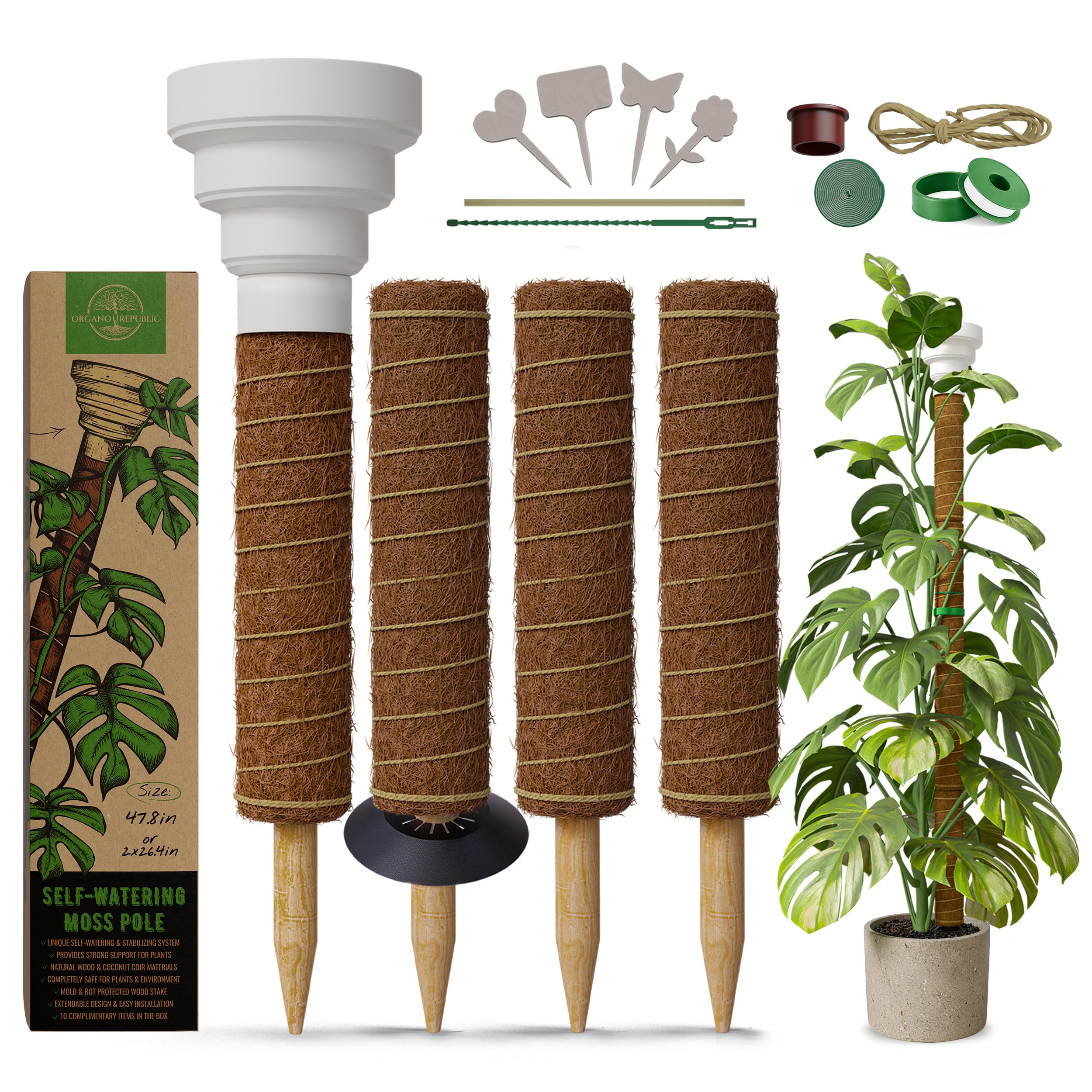 Organo Republic Paletti di supporto per piante Monstera in muschio, 2 x 26,4 o 123,7 cm, unico, autoirrigante, estensibile, in fibra di cocco per piante rampicanti, per piante in vaso da interni